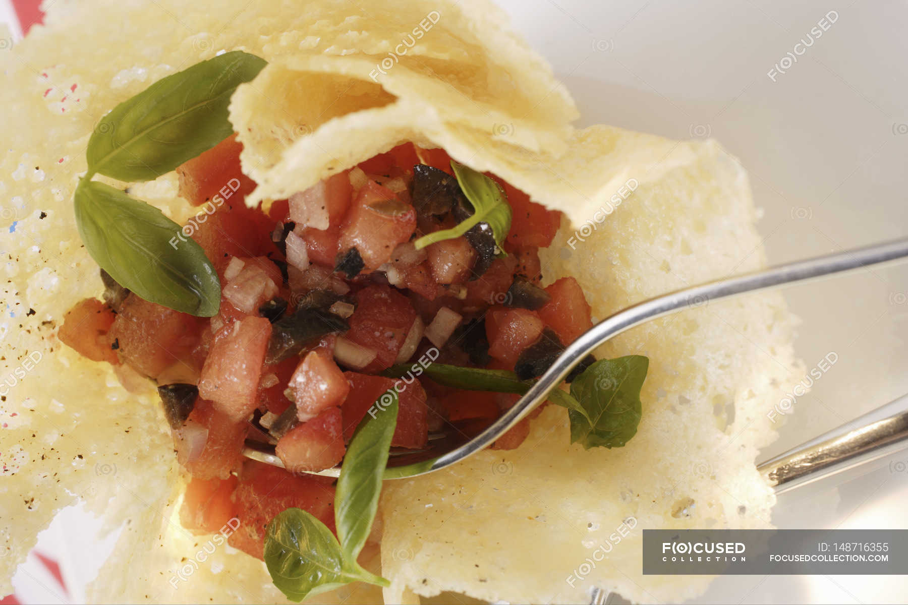 Tomato salsa in wafer — nutrient, white Stock Photo 148716355