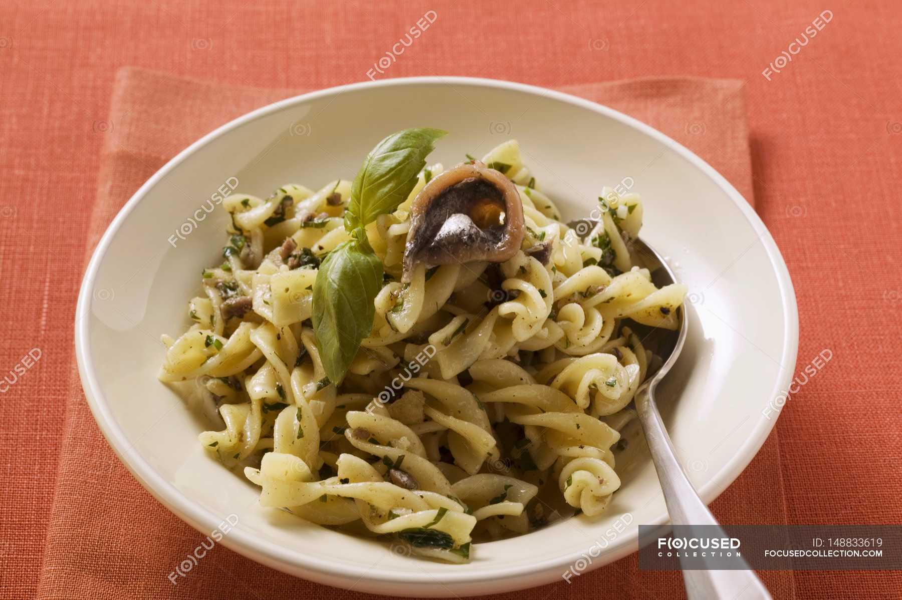 Fusilli pasta with sardines and basil — ingredients, traditional