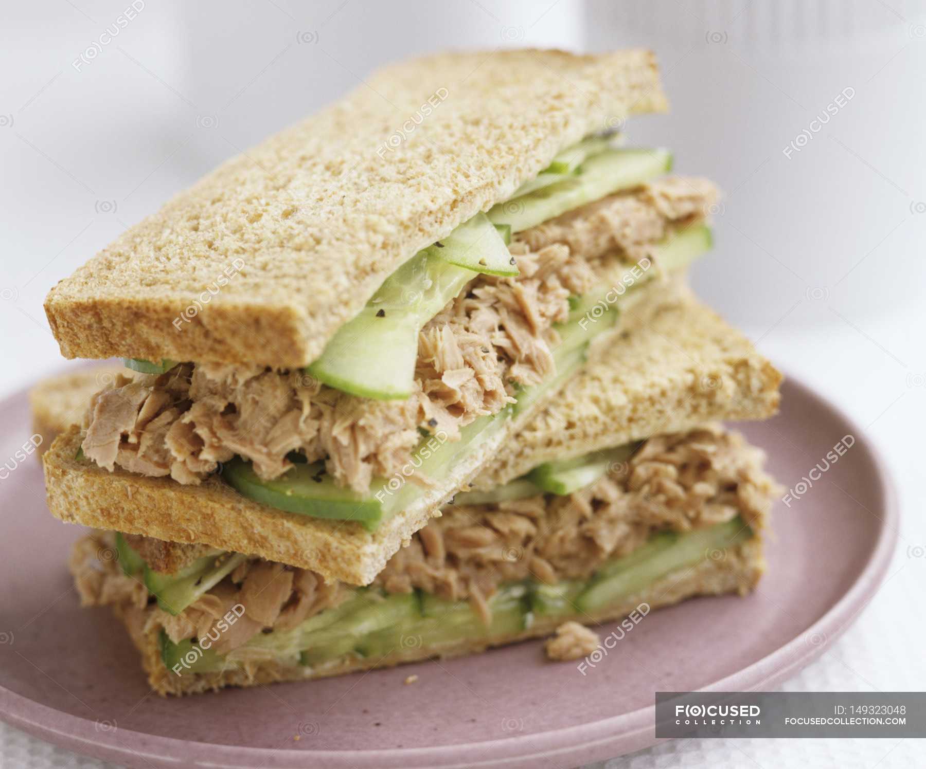 Tuna And Cucumber Sandwiches In Wholemeal Bread On Plate Portion Calories Stock Photo 149323048