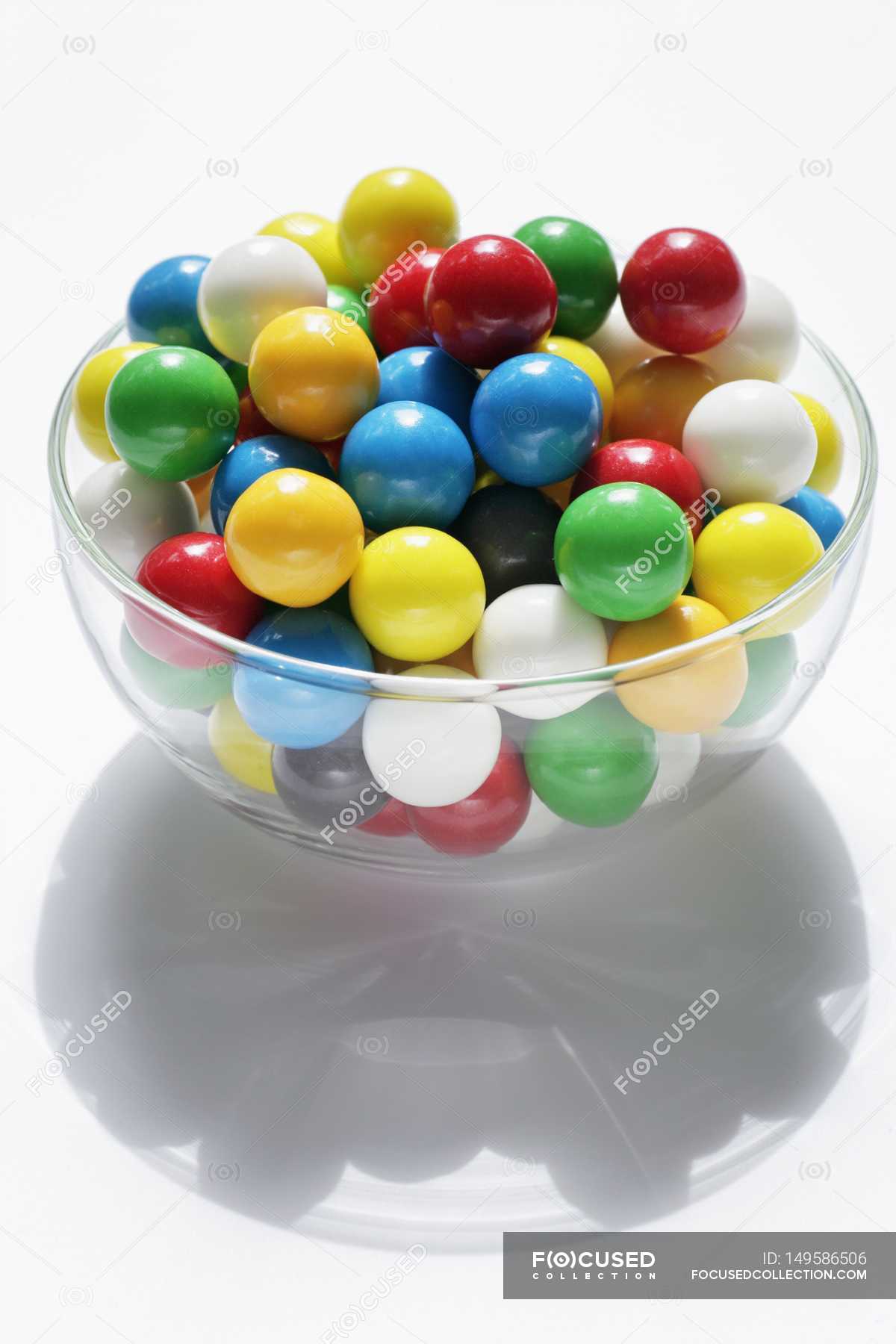 Closeup View Of Colored Chewing Gum Balls In Glass Bowl Diet Background Stock Photo 149586506