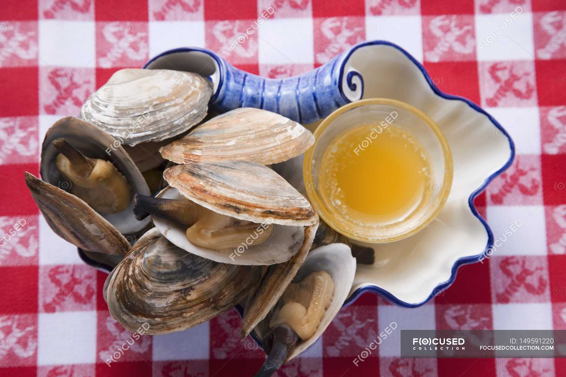 Closeup top view of opened clams with butter — nutrition, cooked