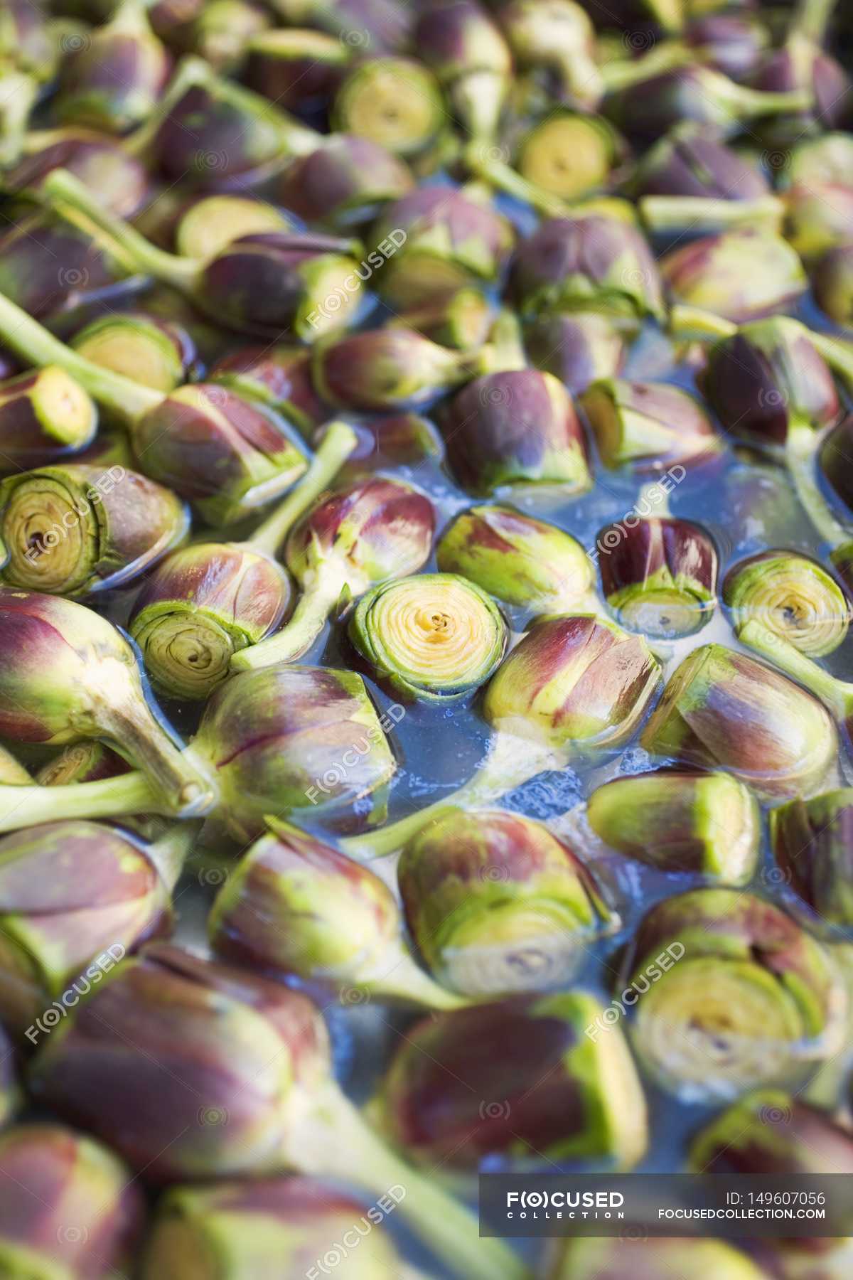 Purple Artichokes in water — meal, delicious Stock Photo 149607056