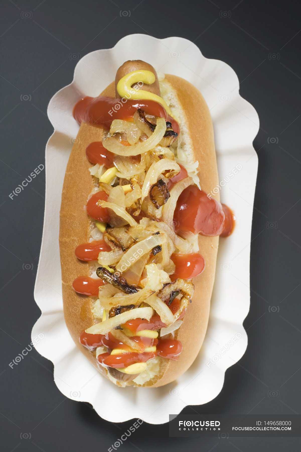 Hot dog with relish mustard and ketchup FoodCollection Stock Photo