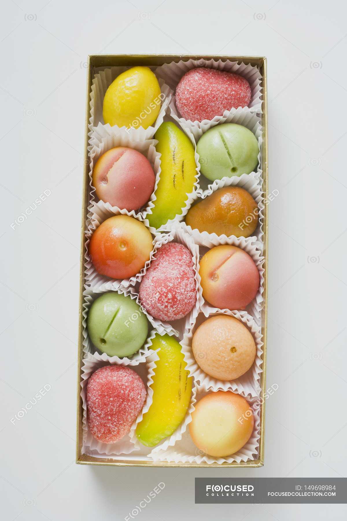 Top view of marzipan fruits in chocolate box — food, meal - Stock Photo ...