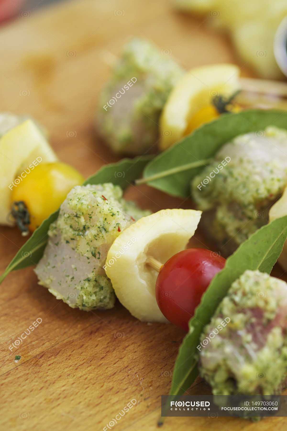 Swordfish and vegetable kebabs with herb marinade — edible, organic