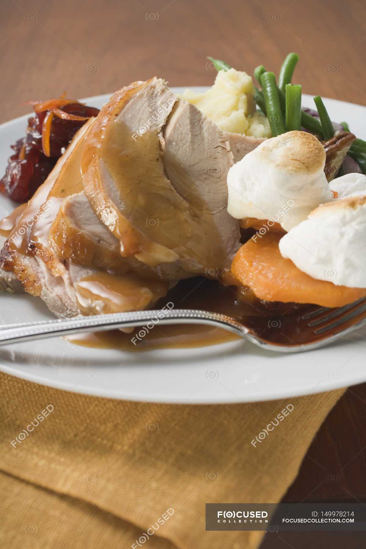 Turkey breast and mashed potatoes — marshmallows, meal Stock Photo
