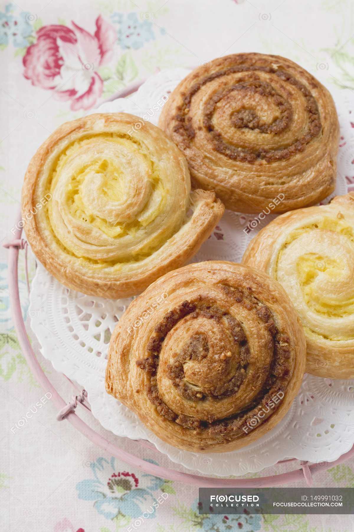 Danish pastry snails with nut and custard — yummy, sugar Stock Photo