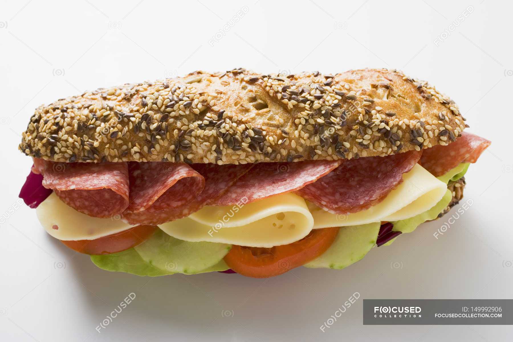 Salami and cheese sandwich — color, calorie Stock Photo 149992906