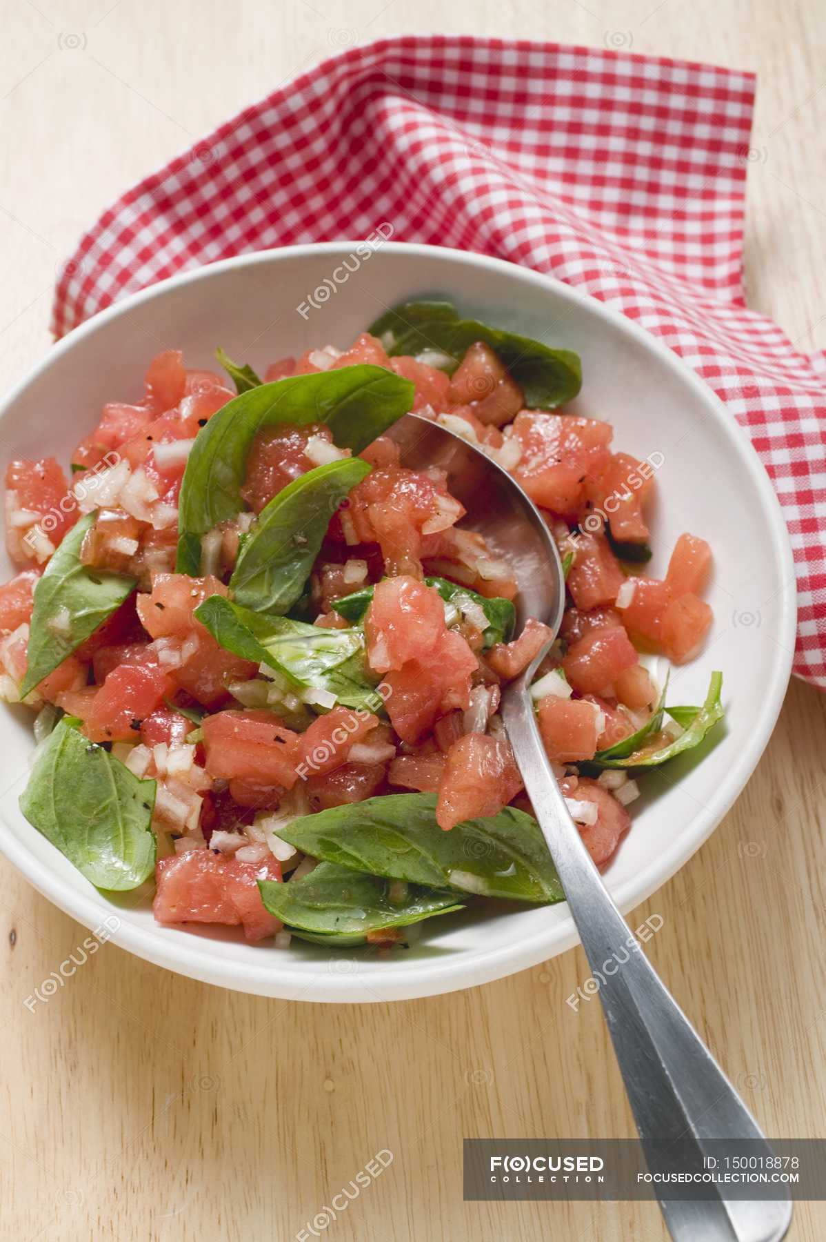 Tomato salsa with fresh basil — greens, Ready To Eat Stock Photo