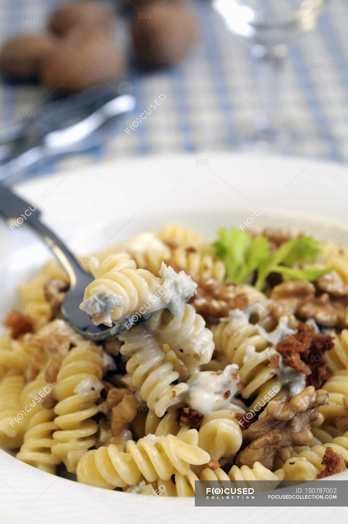 Fusilli pasta with Gorgonzola cheese — fork, meal - Stock Photo ...