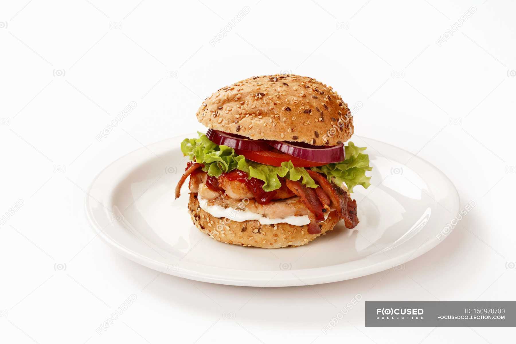 Chicken burger with bacon — finger food, traditional - Stock Photo