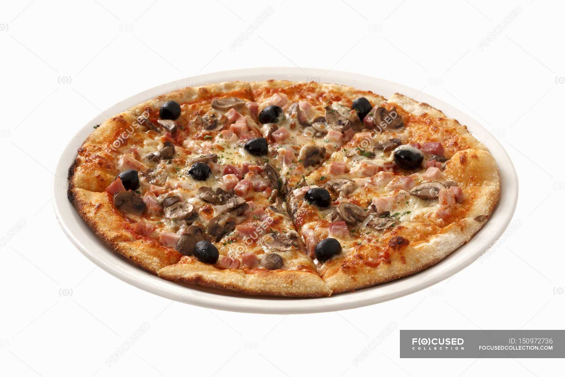 Ham and mushroom pizza — spicy, food Stock Photo 150972736