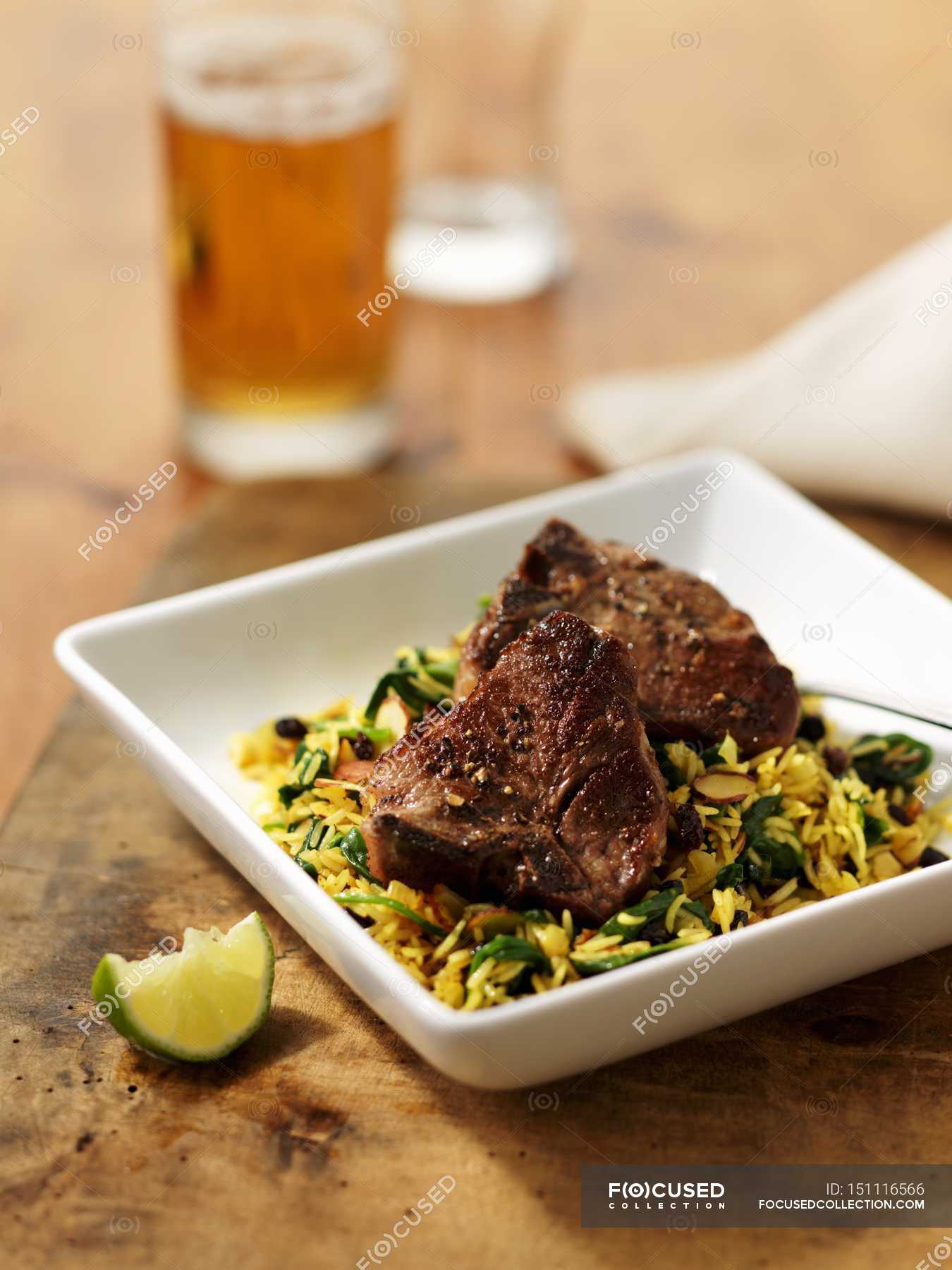 Lamb chops on rice — calories, traditional Stock Photo 151116566