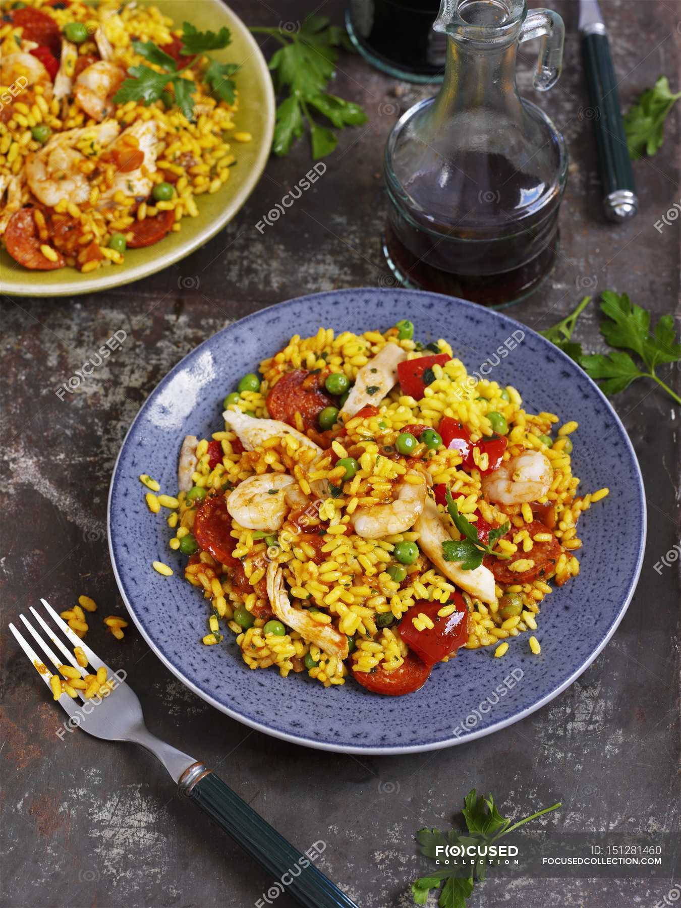 Elevated view of Paella with chicken, prawns and Chorizo — delicious, rice Stock Photo
