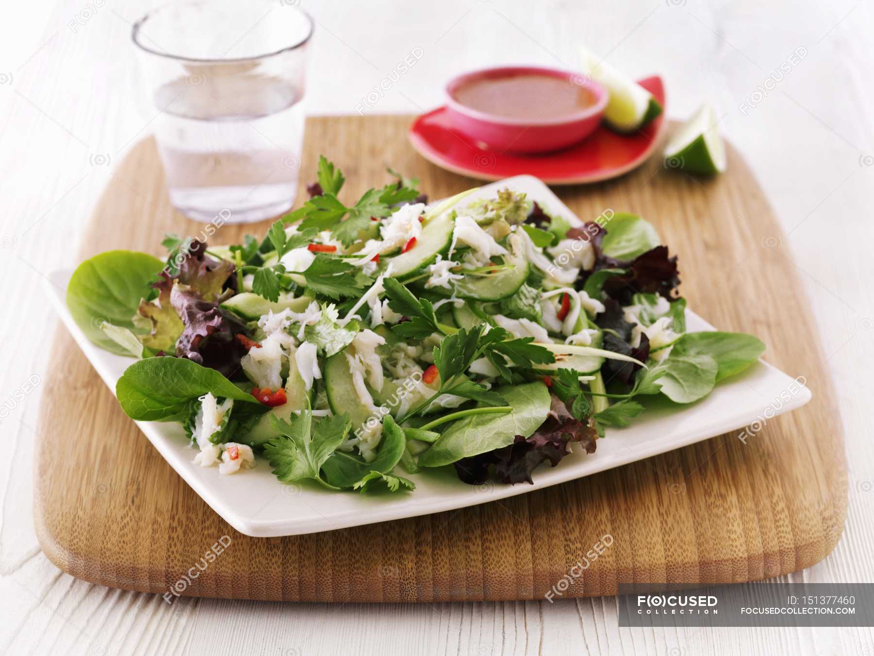 Closeup view of mixed leaf salad with crab meat — appetite, leaves