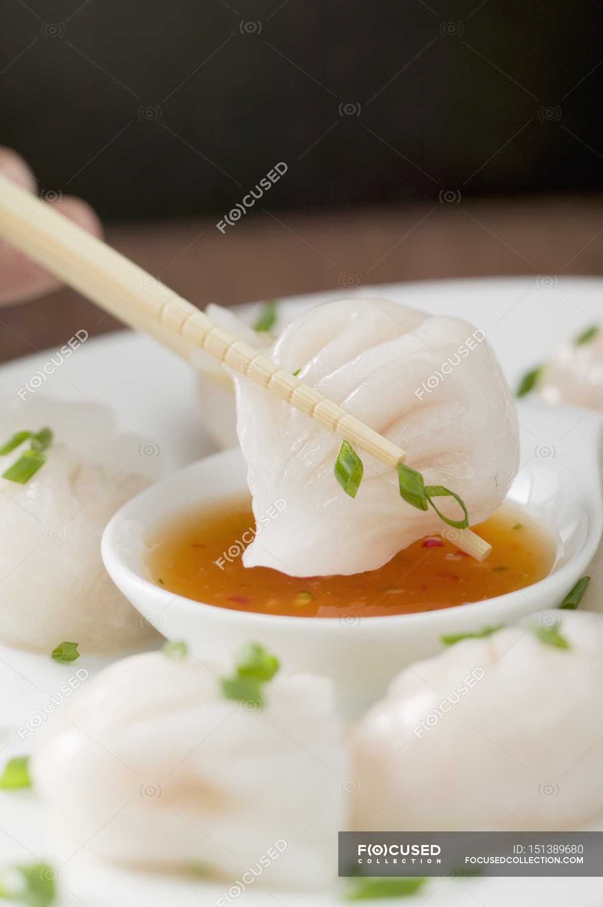 Deepfried dim sum — close up, dip Stock Photo 151389680