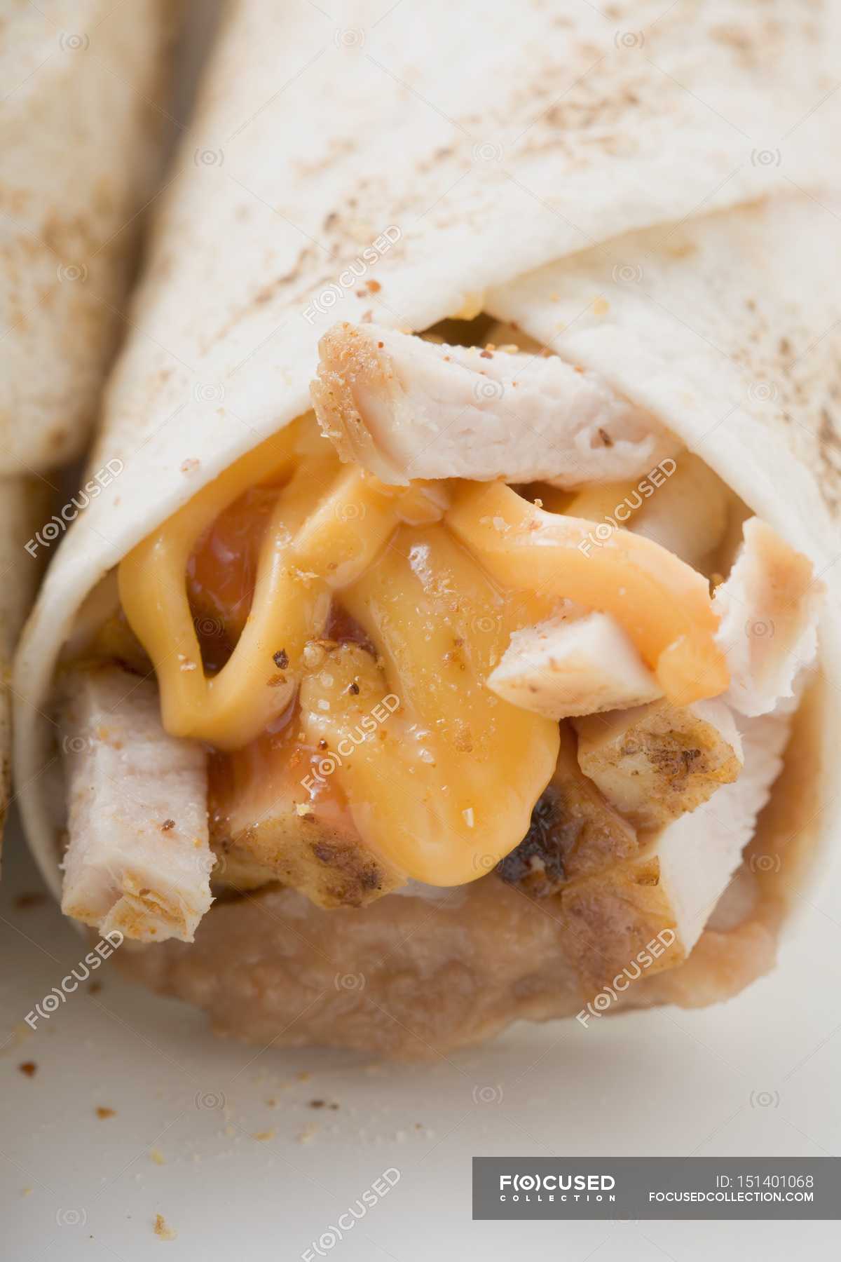 Burrito with cheese and chicken — calorie, background - Stock Photo
