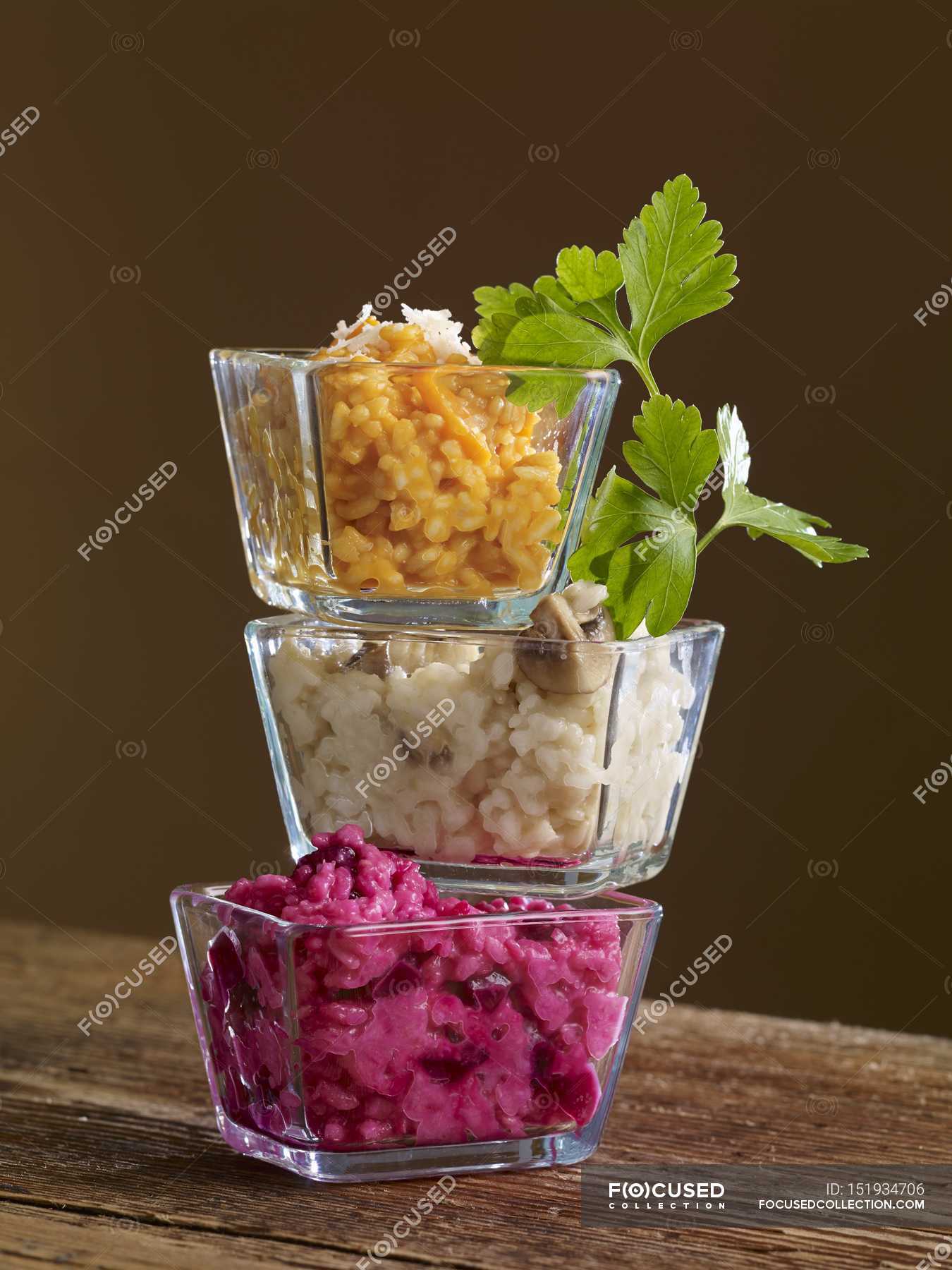 Three types of risotto rice — basil, yummy Stock Photo 151934706