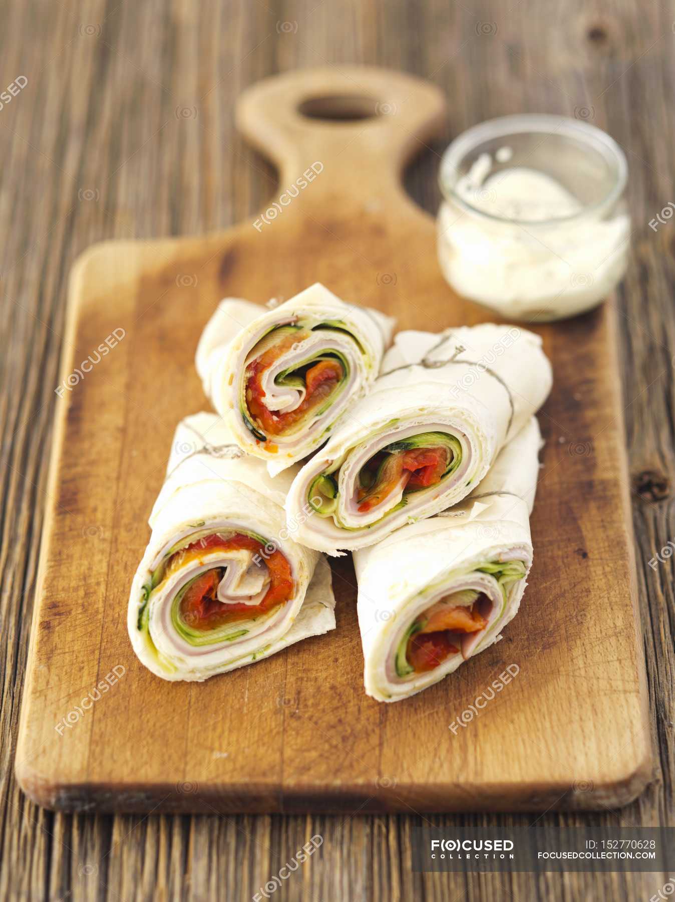 Ham and cheese wraps — protein, background Stock Photo 152770628