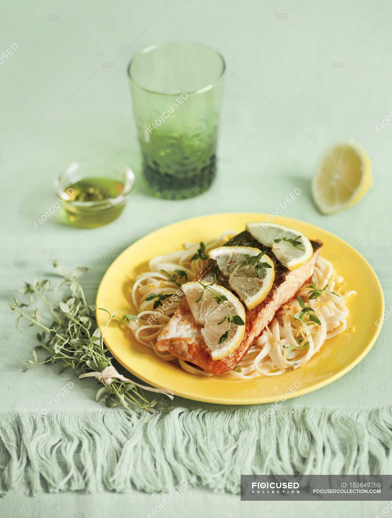 Salmon fillet and noodles — tasty, fruits - Stock Photo | #153649286