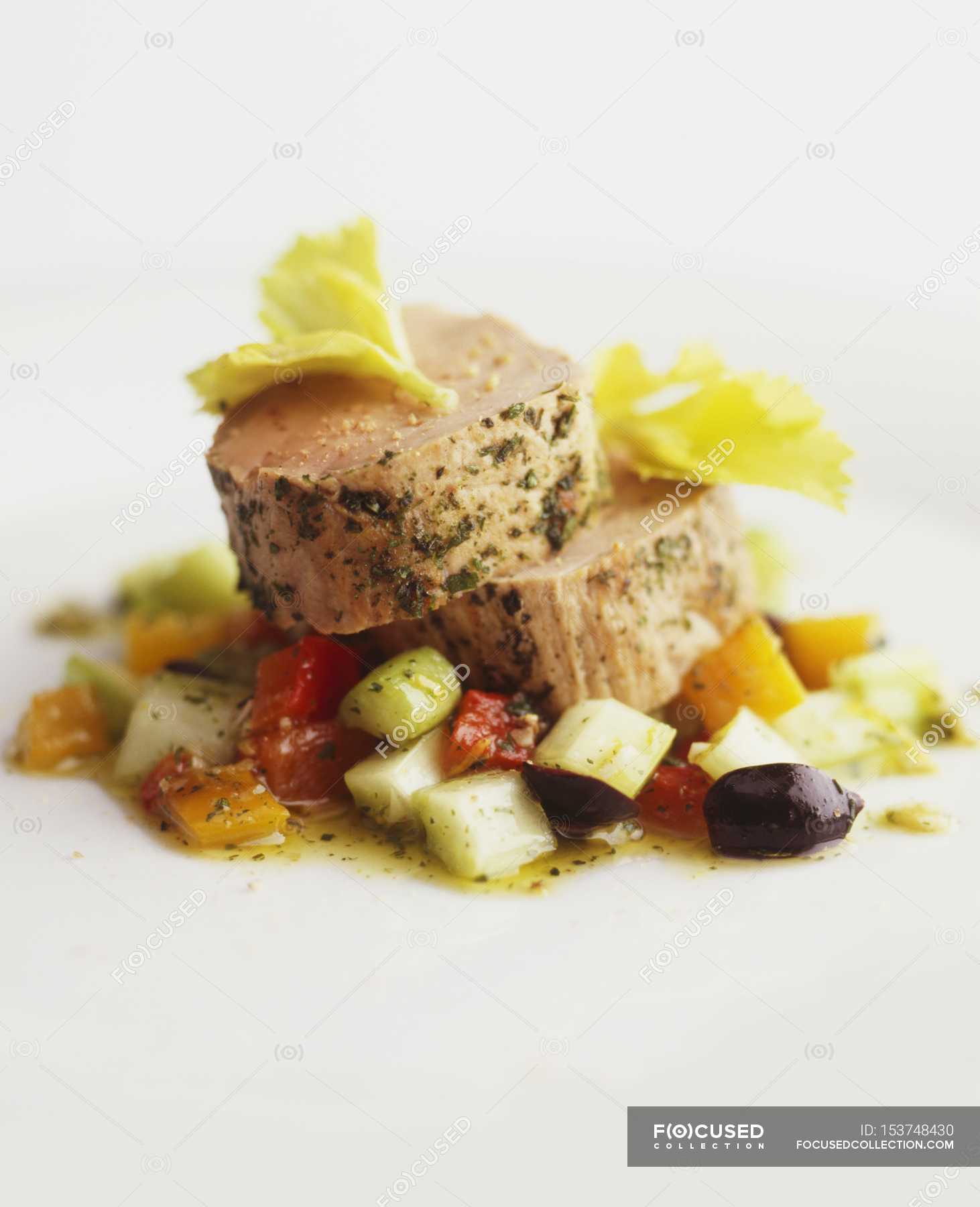 Veal fillet with herbs — fresh, cooked Stock Photo 153748430