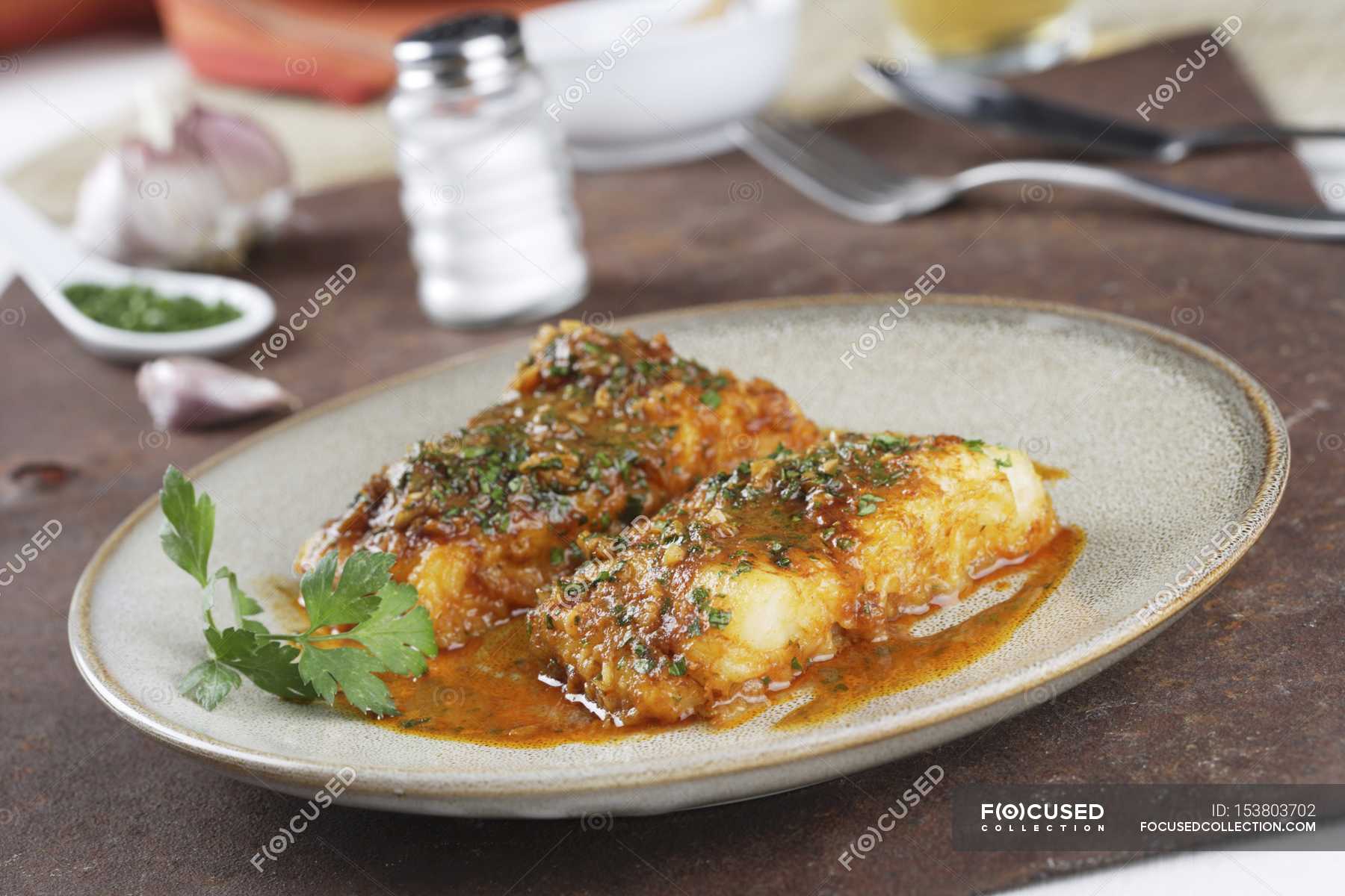 Roasted Codfish With Tomato Sauce Tasty Front View Stock Photo 153803702