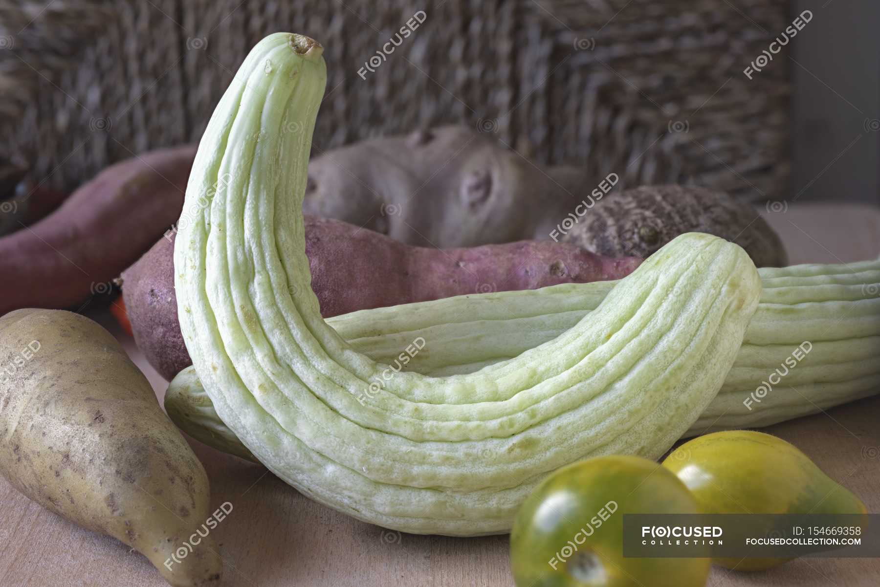 Raw vegetables with wild cucumbers — appetizing, vegetarian Stock Photo 154669358