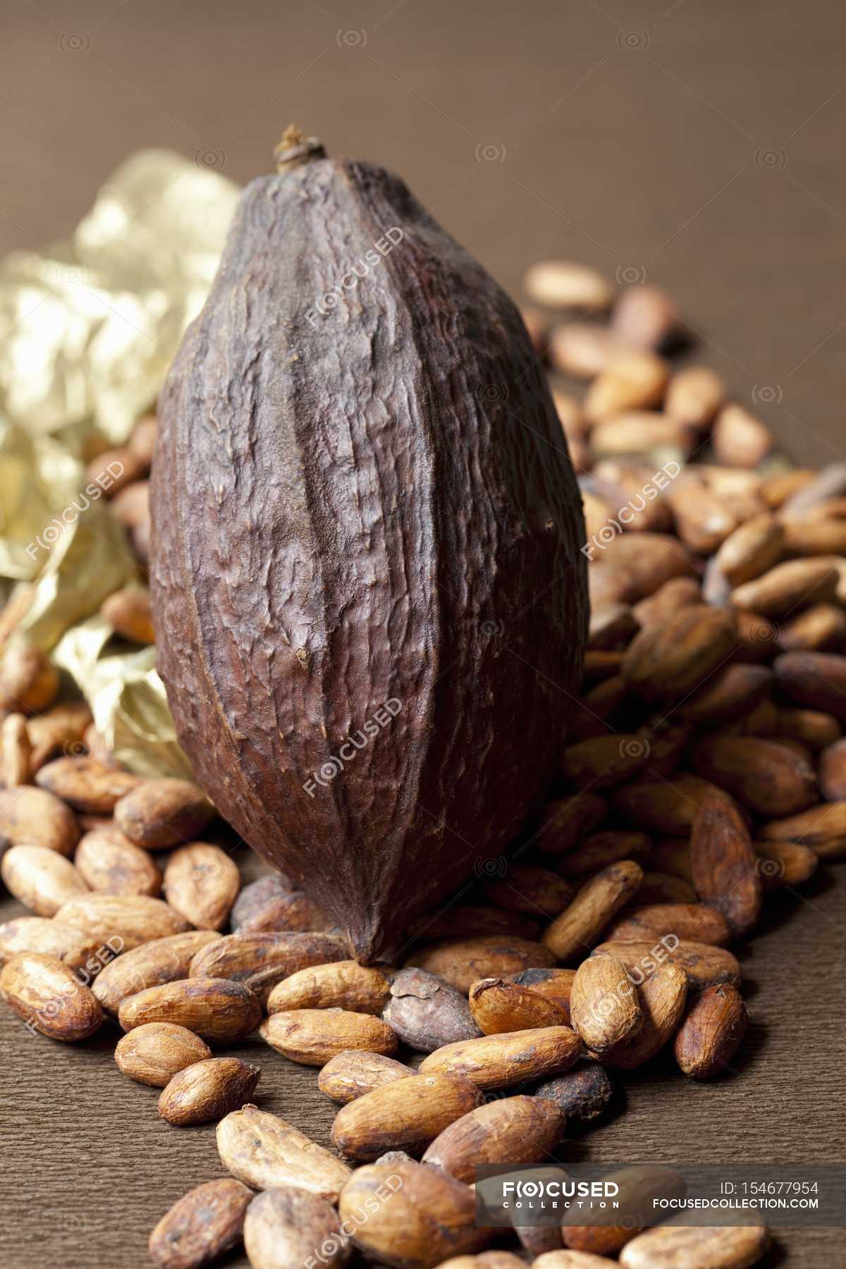 Cocoa beans and coca pod — close ups, joy Stock Photo 154677954