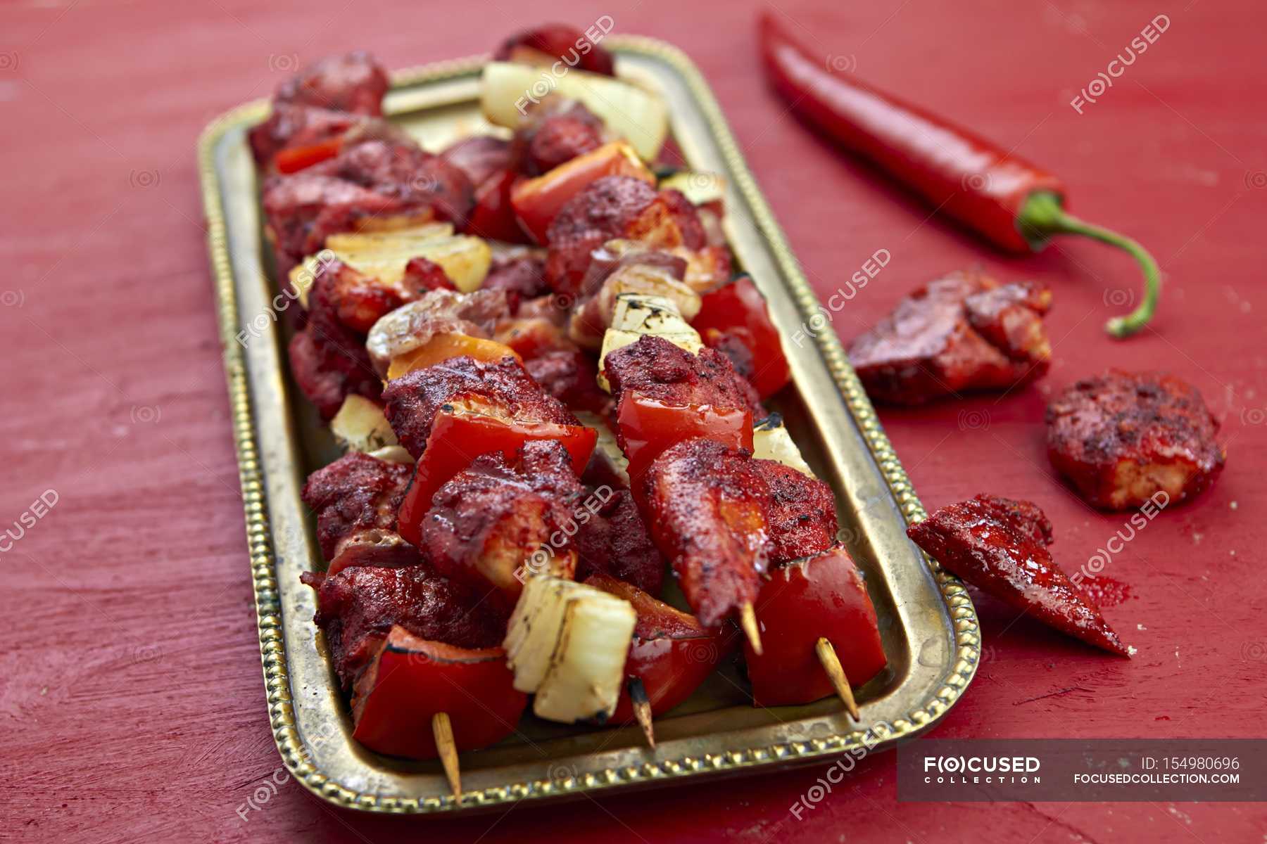 Pork, pepper and onion skewers — whole, calorie Stock Photo 154980696