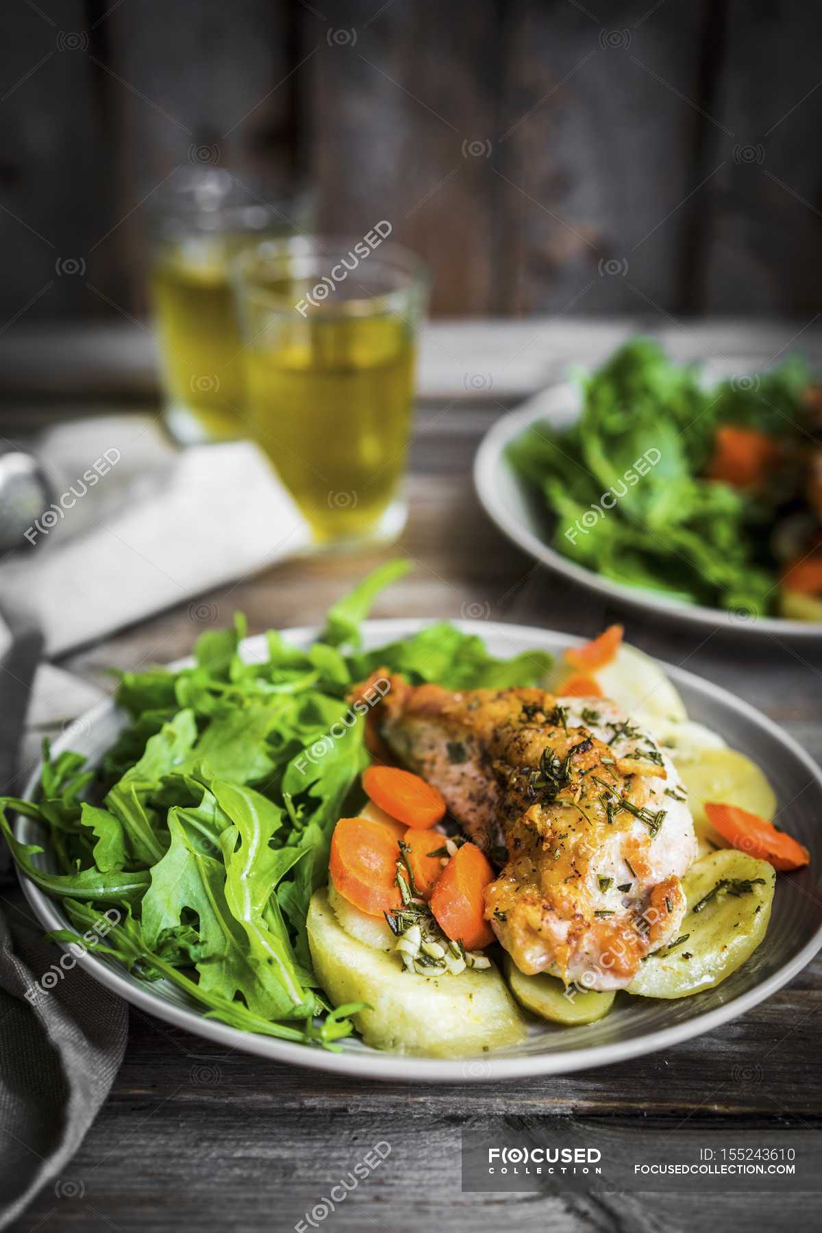 Chicken breasts with potatoes and salads — edible, ingredients - Stock