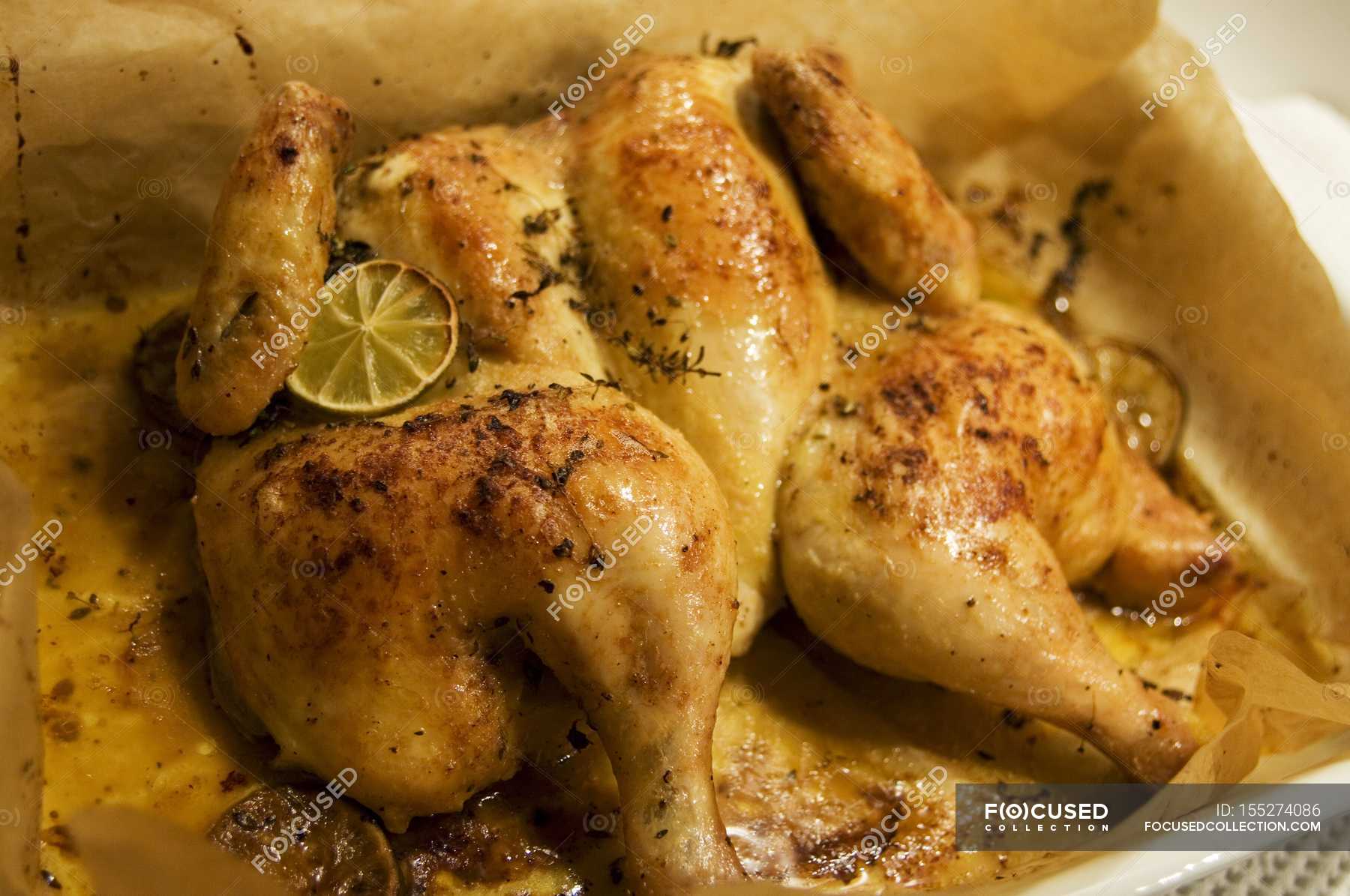Flattened roasted whole chicken — poultry, edible Stock Photo