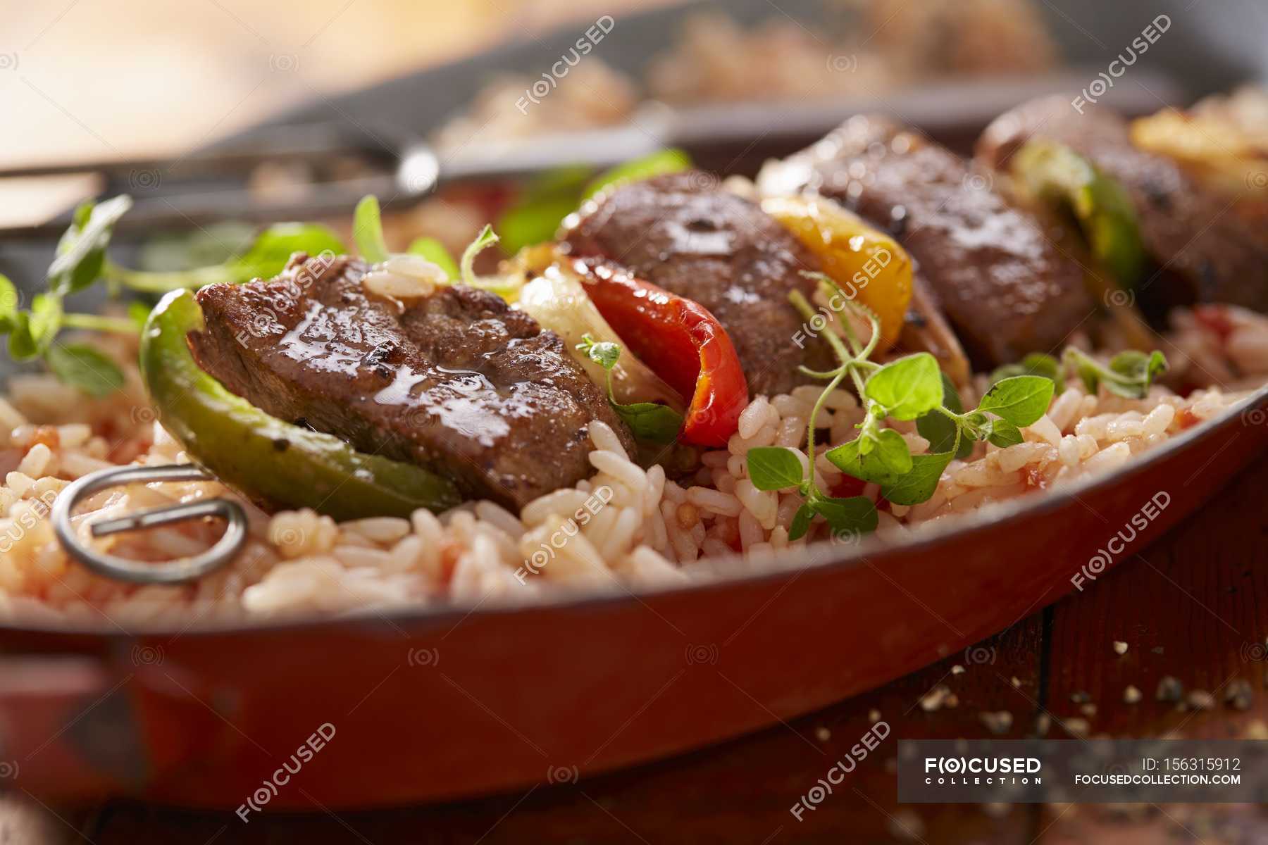 Lamb kebab with rice — appetite, meat Stock Photo 156315912