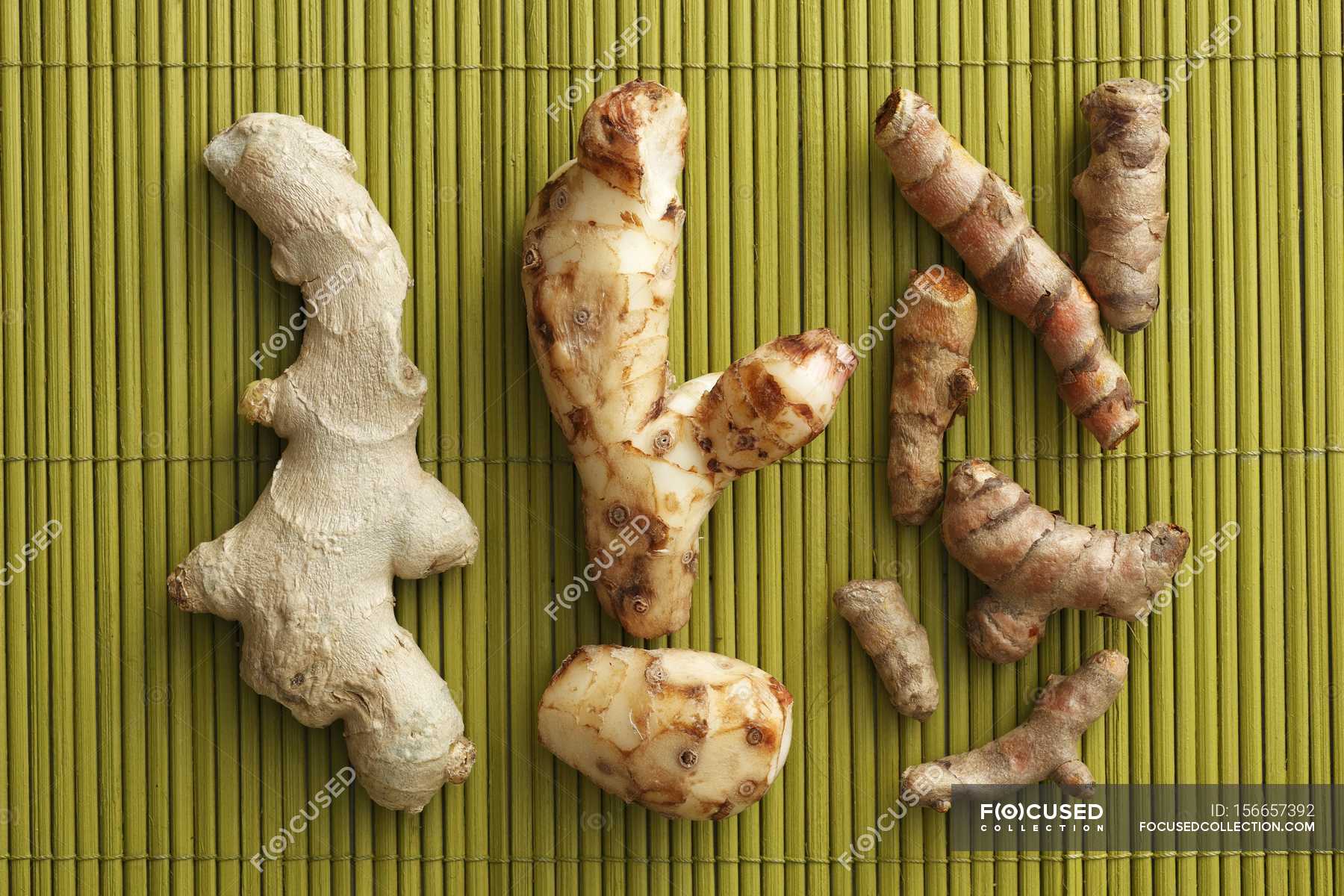 Ginger with galangal and turmeric roots — edible, delicious Stock