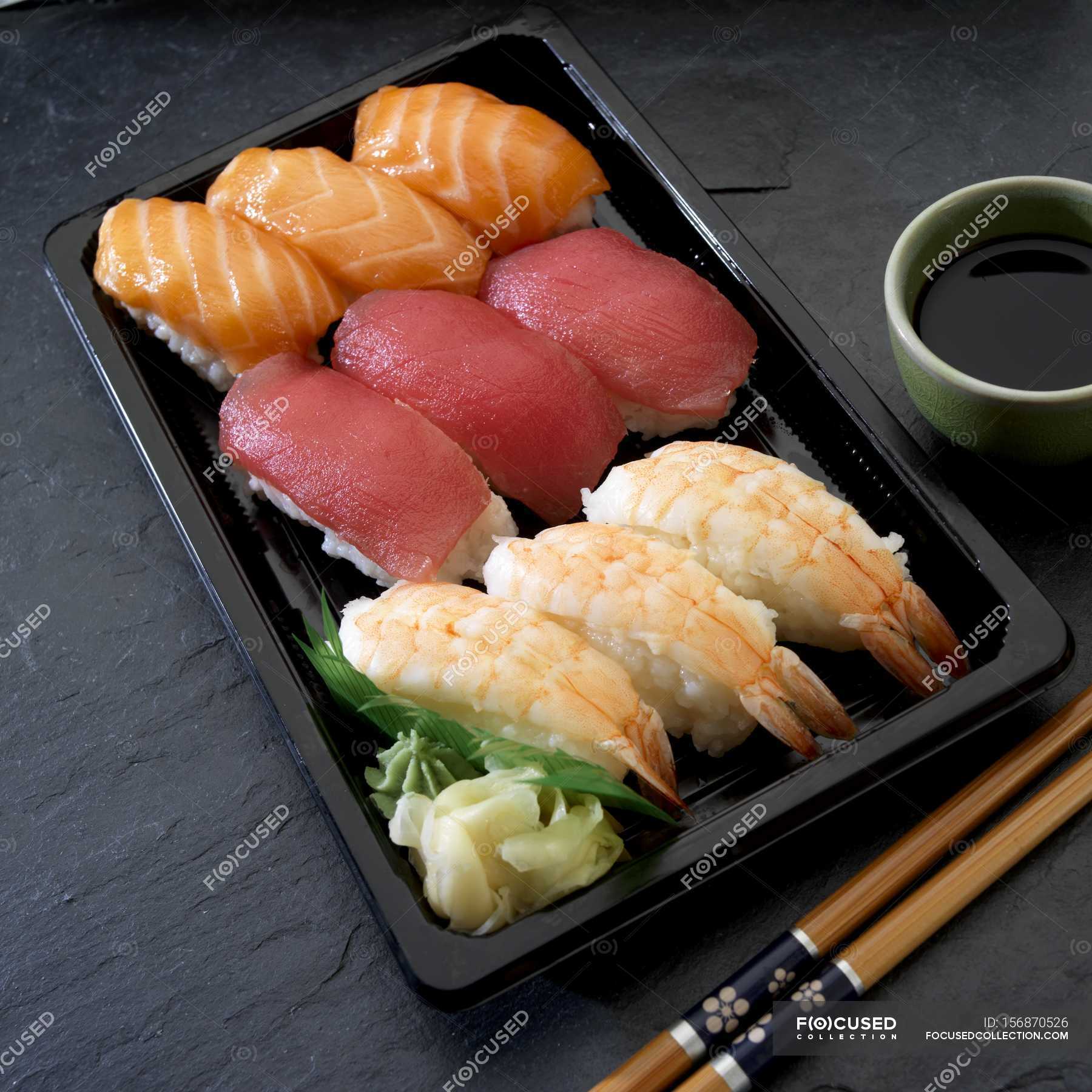 Nigiri Sushi With Salmon Tuna And Prawns Food Nutrition Stock Photo