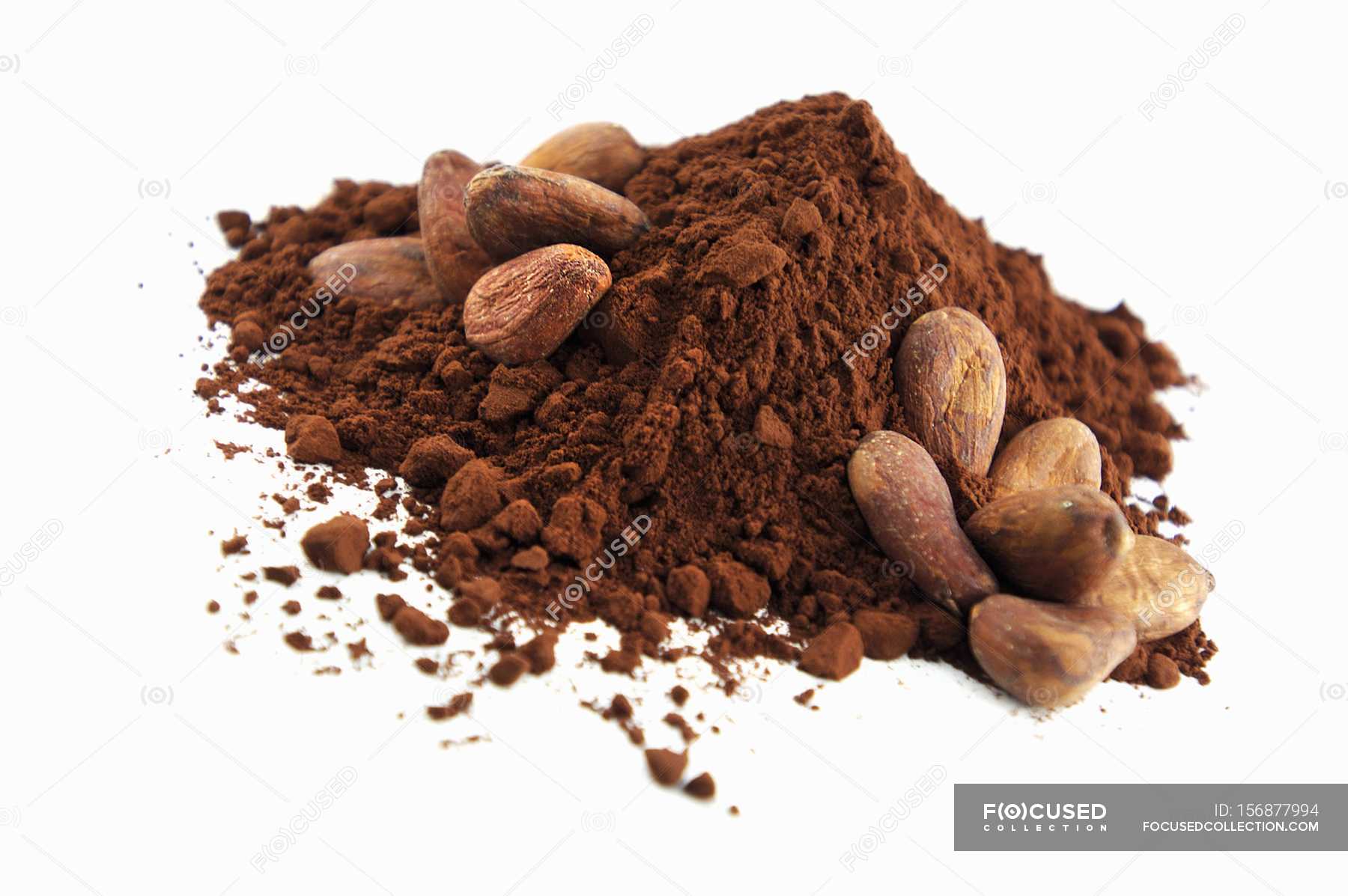Cocoa powder and cocoa beans — flavor, Coffee Mug Stock Photo