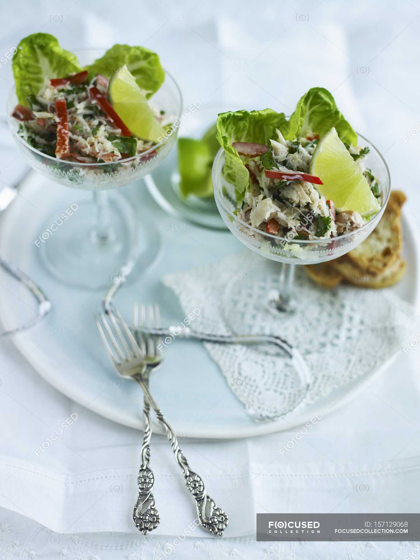 Crab cocktail starter — cooked, kitchen Stock Photo 157129068