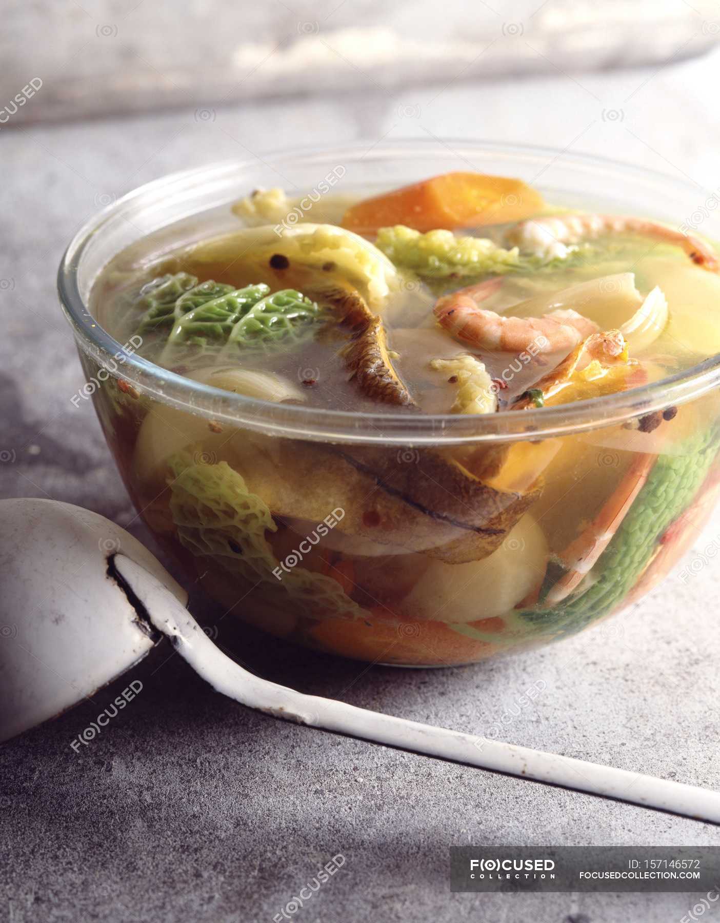 Cabbage with haddock and shrimp soup — yummy, selective focus Stock