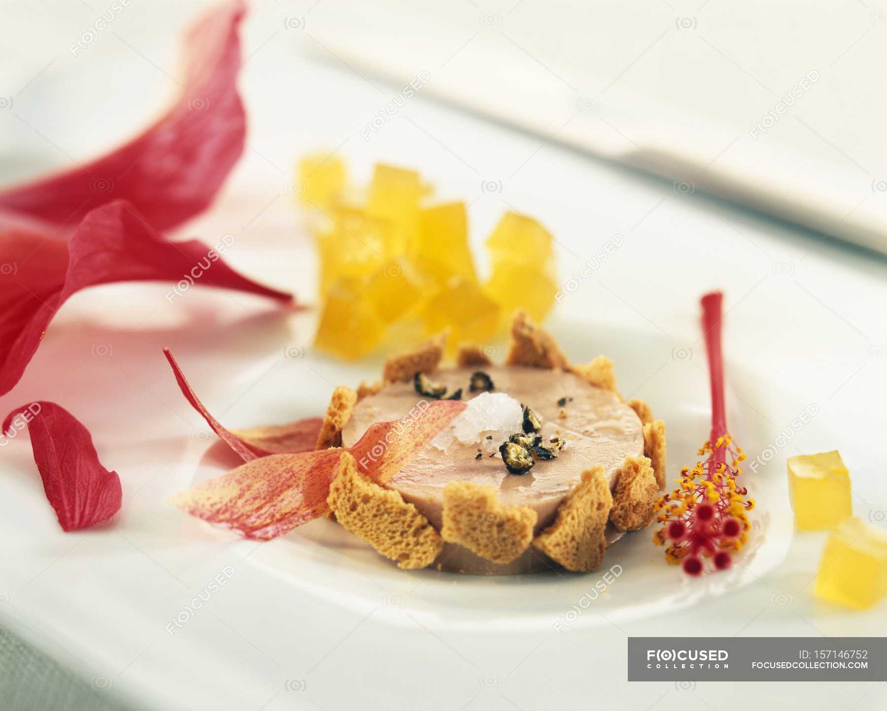 Closeup View Of Foie Gras Terrine On White Dish Food Pastry Stock Photo 157146752