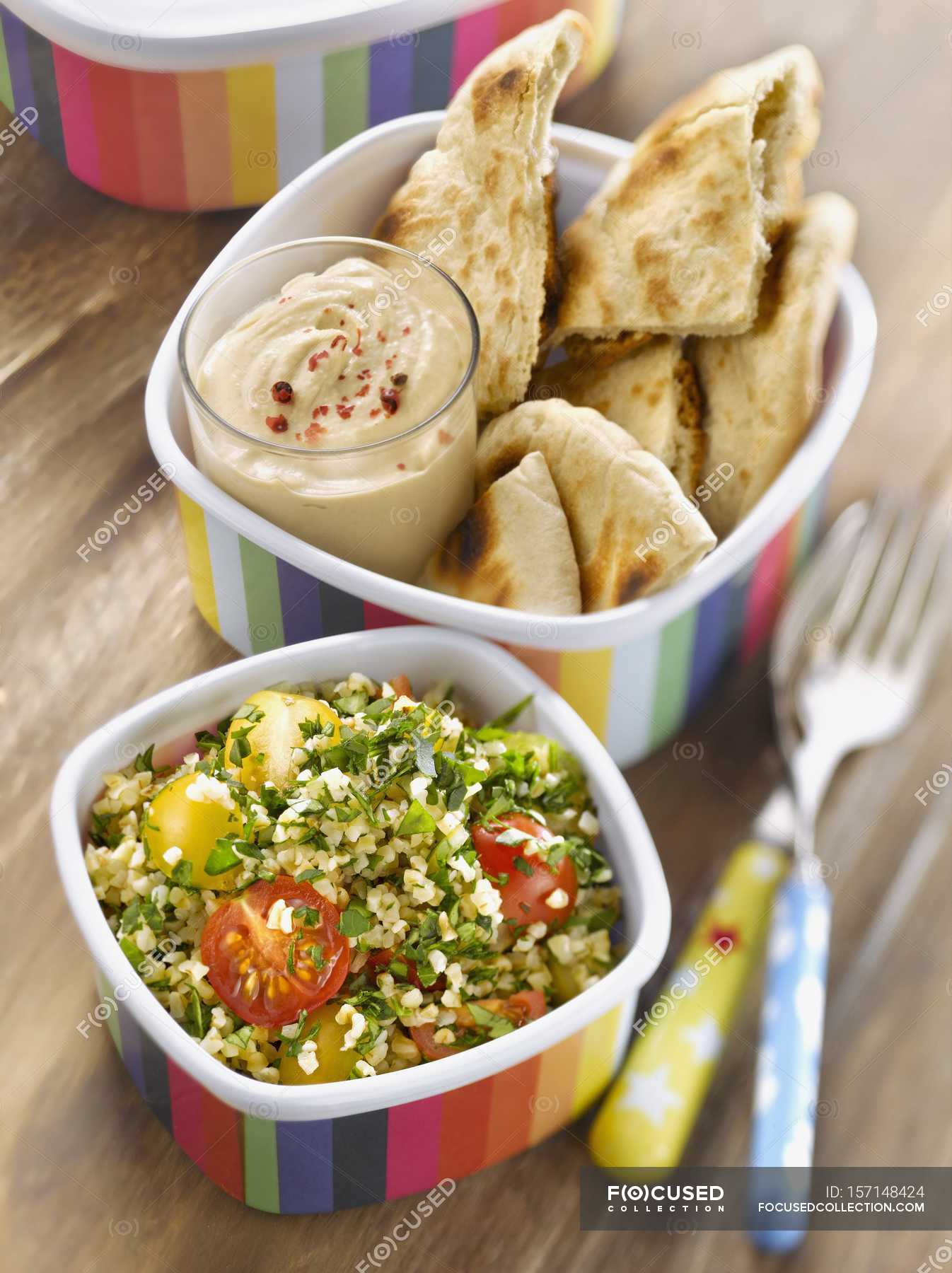 Tabbouleh, hummus and pitta — wheat, snack Stock Photo 157148424