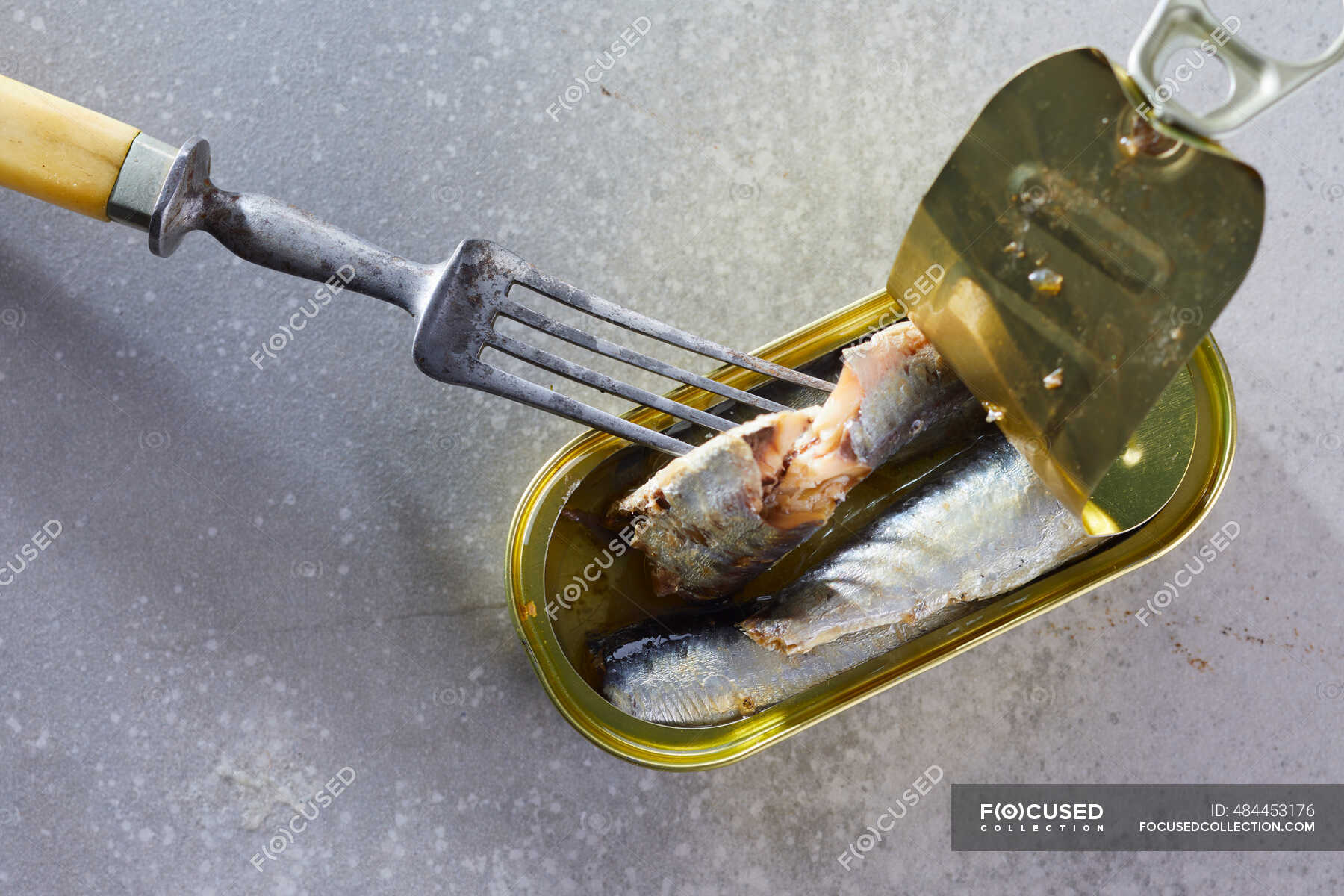 A tin of sardines with a fork — Salt water fish, sardine tin Stock