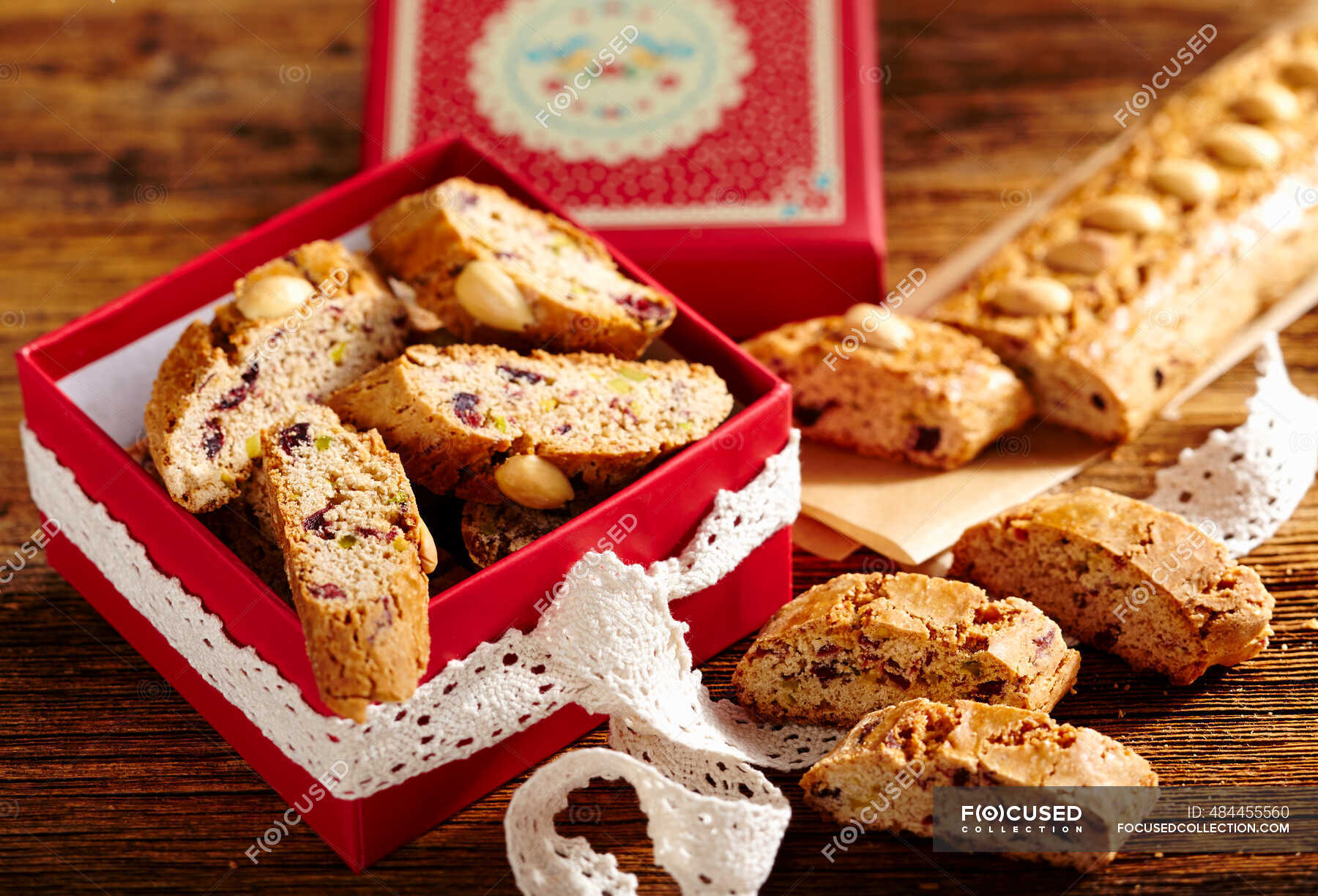 Cantuccini with cranberries and gingerbread spice in box and on table ...