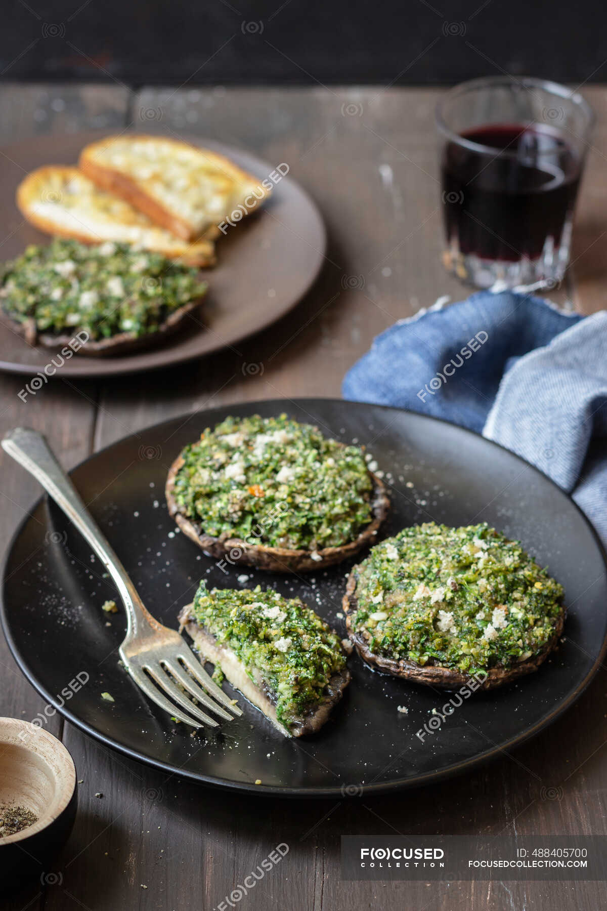 Portobello mushrooms stuffed with bread crumbs, parley and garlic