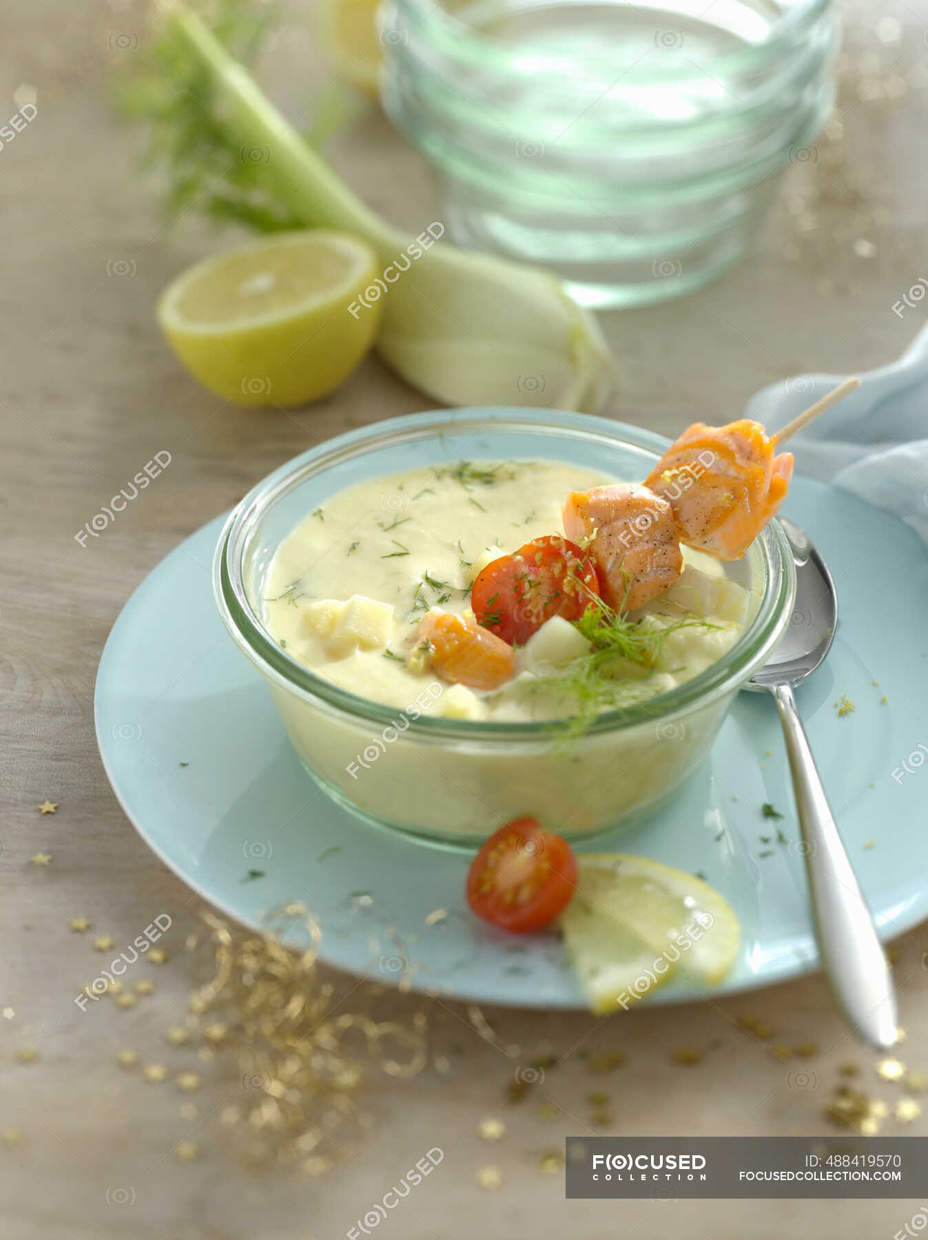 Parsnip soup with fennel and salmon skewers — culinary, cuisine Stock