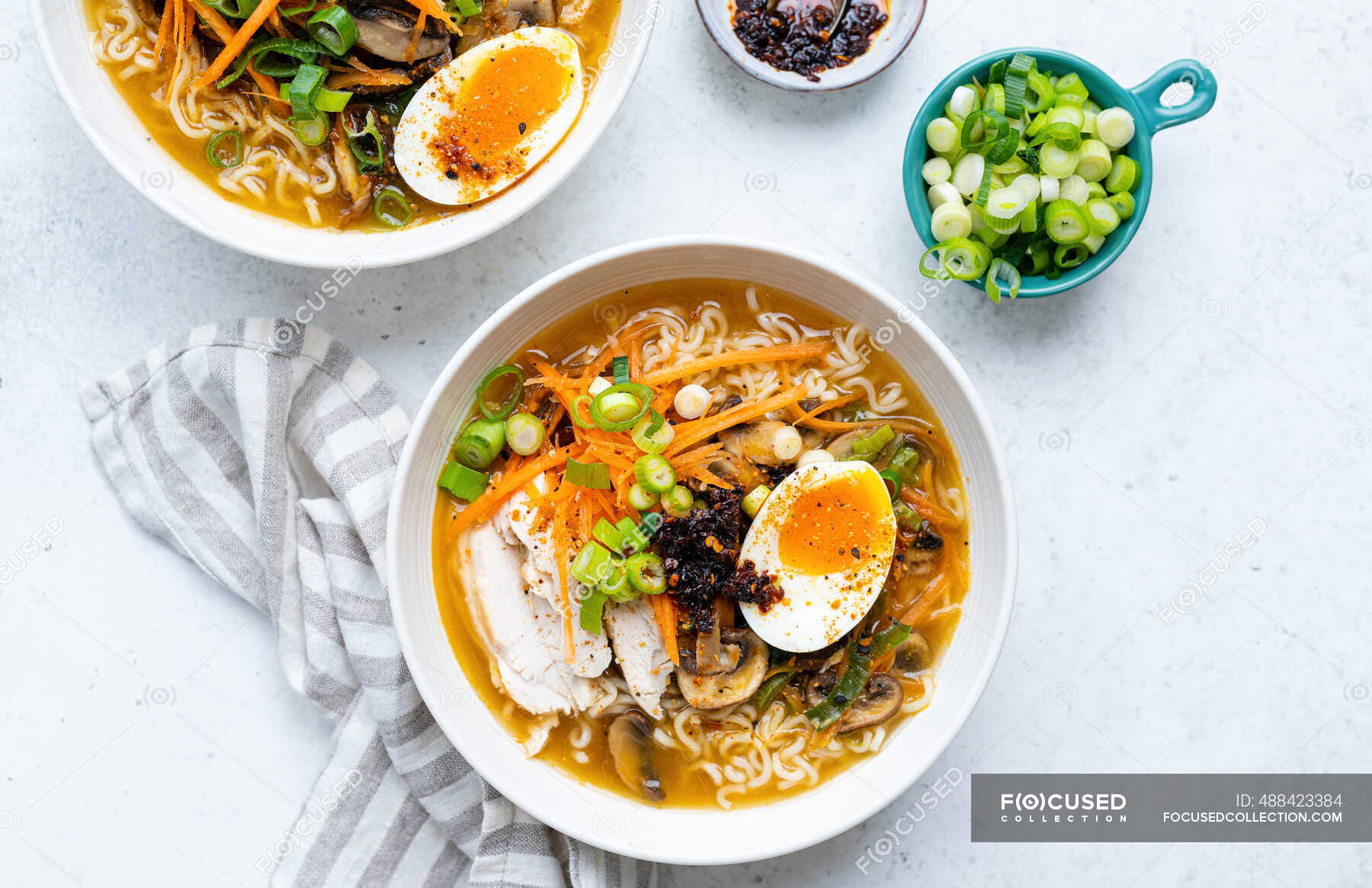 Top view of Japanese noodle soup ramen in white bowl — Cuisines, dishes ...