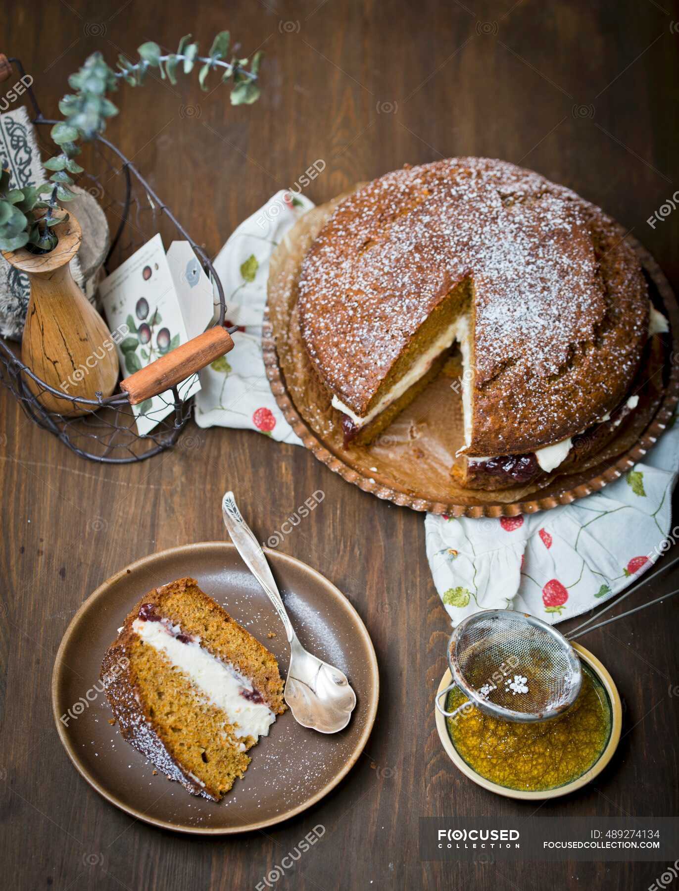 Carrot cake with mascarpone — veggies, slashed Stock Photo 489274134