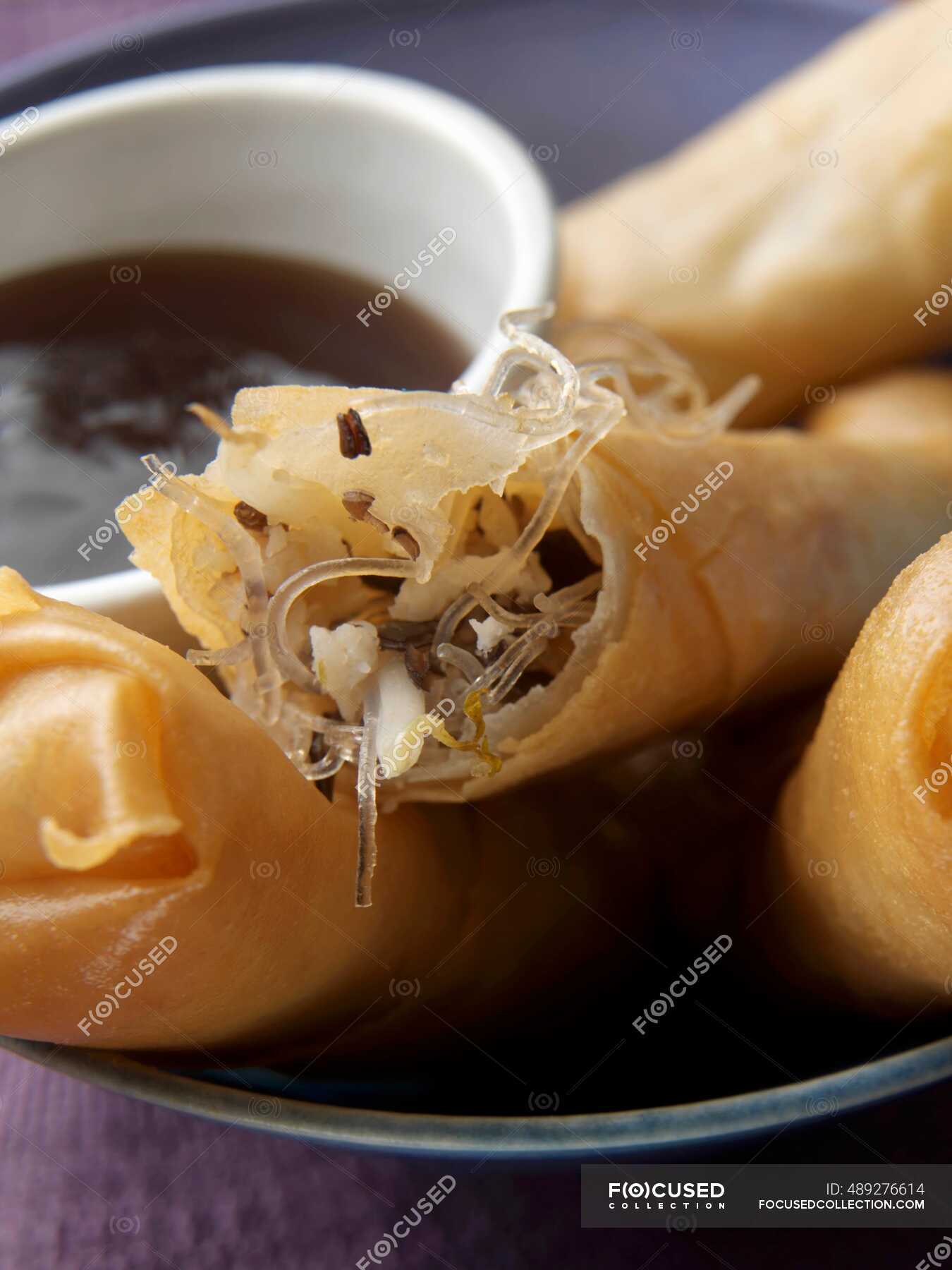 Crispy crab spring rolls — noodles, crab meat Stock Photo 489276614