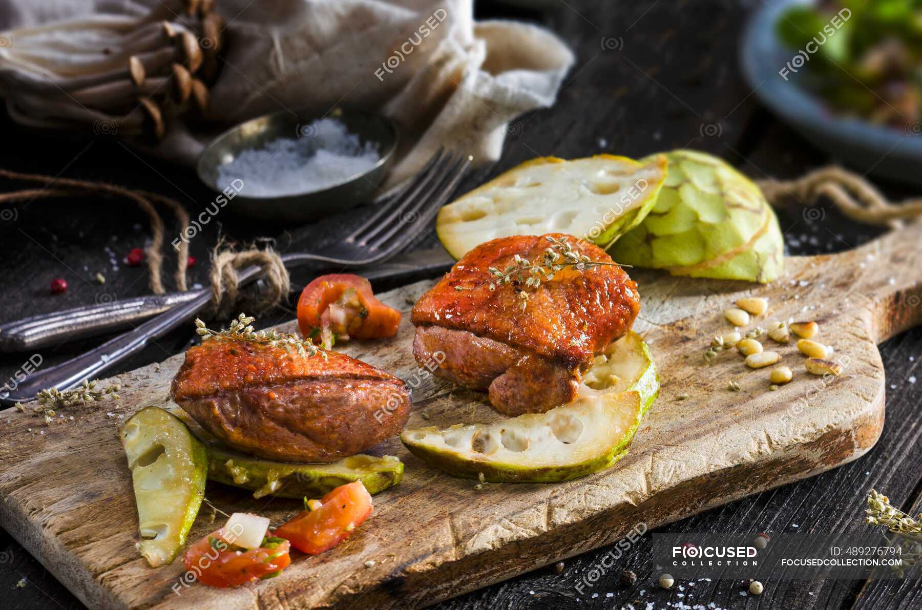 Marinated duck breast on cherimoya slices — Poultry Recipe, main dish