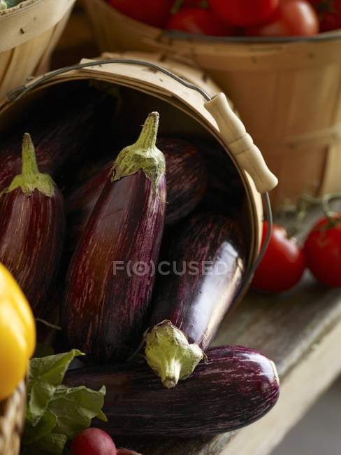 Seau en bois d'aubergines — Photo de stock