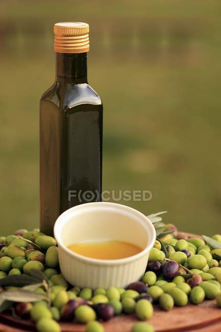 Aceite de oliva prensado en frío y aceitunas - foto de stock