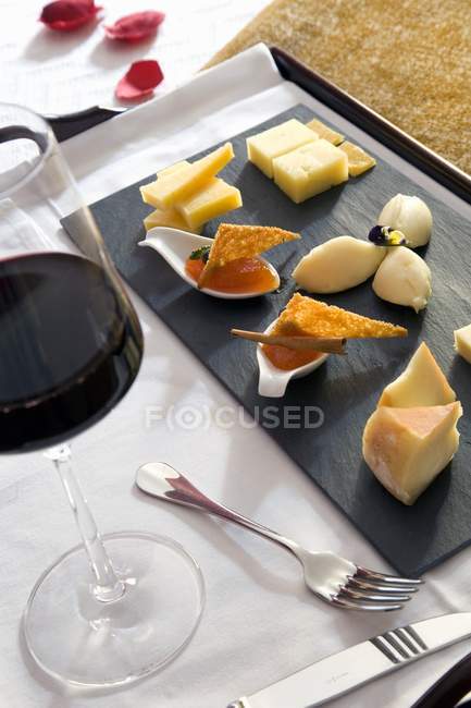Cheese and jam and wine — Stock Photo